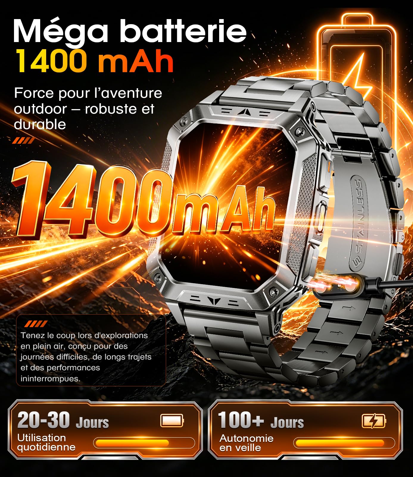 Montre Connectée Homme 1400mAh, 2.01'' Smartwatch avec LED Lampe, 110+ Modes Sportifs, Étanchéité IP68, Appels Bluetooth Smartwatch Militaire, Surveillance Cardiaque 24H,Sommeil, SpO2, Android/iOS