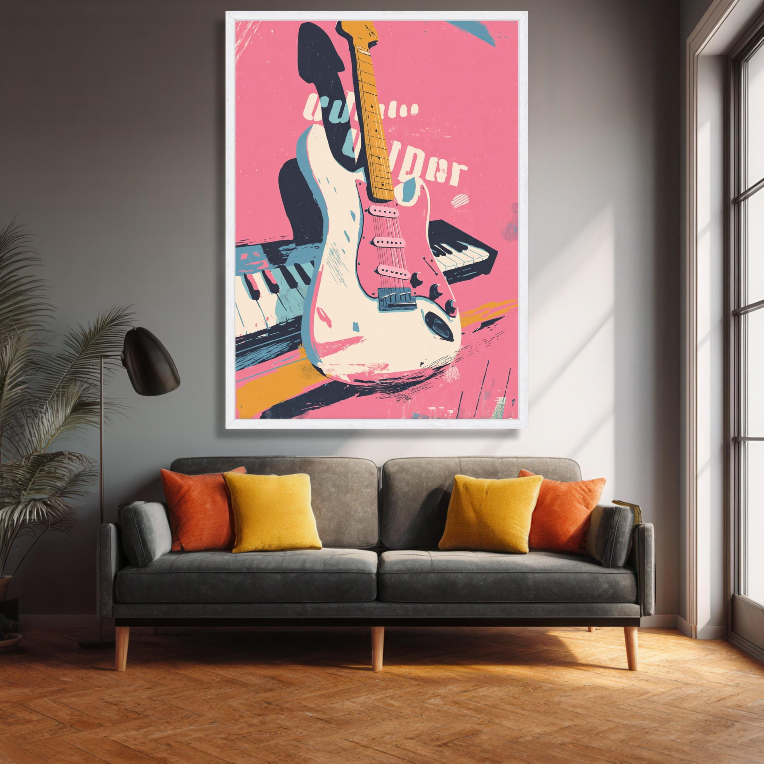 XINBAO Vintage gitara retro fortepian sztuka ścienna ilustracja instrument muzyczny różowe tło dekoracja muzyczna (50 x 75 cm / wewnętrzna rama)