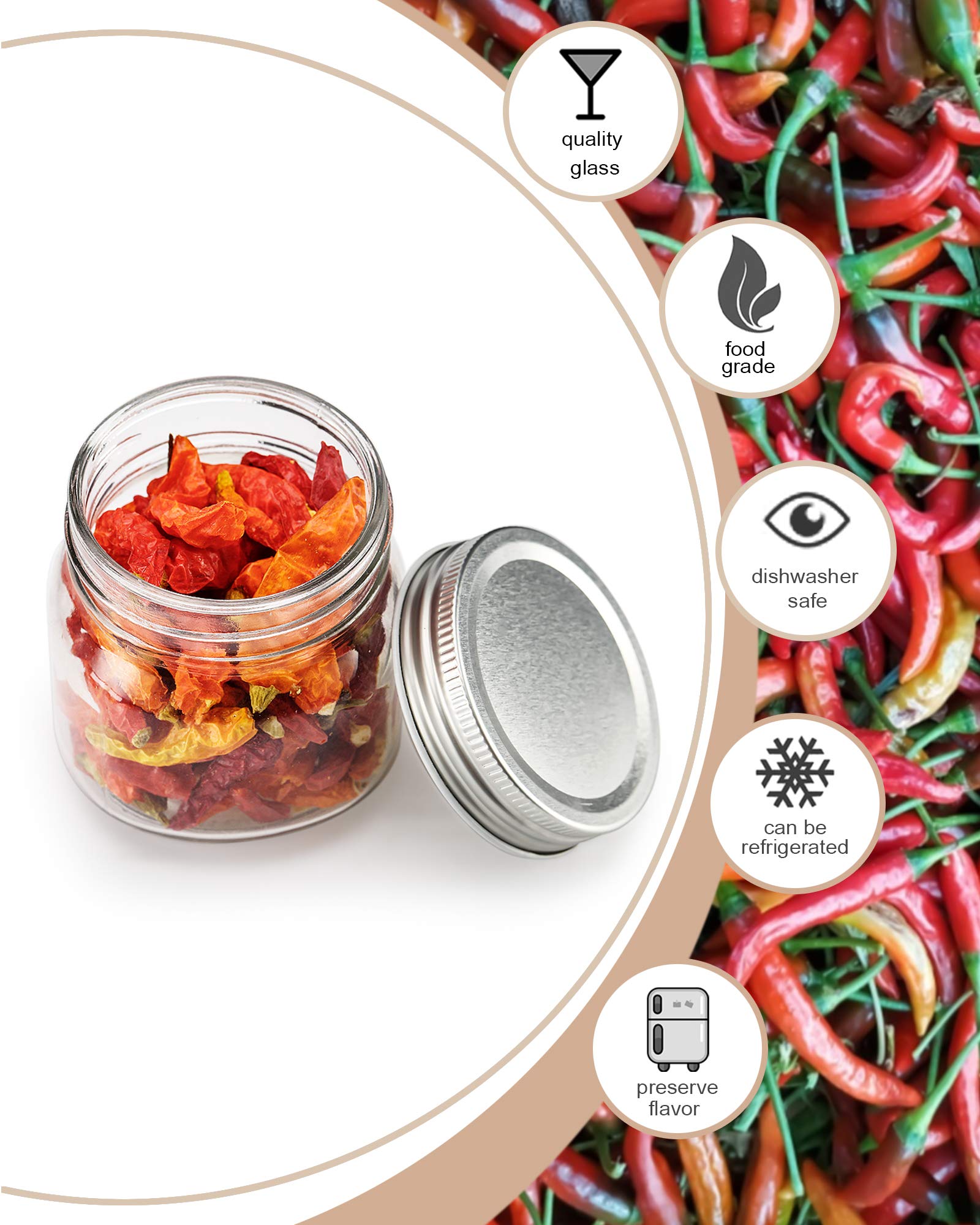 Mason Jars With lids 8 oz, Glass Jars for Kitchen storage, canning jars for Caviar,Herb,Jelly,Jams,Honey, Set of 24