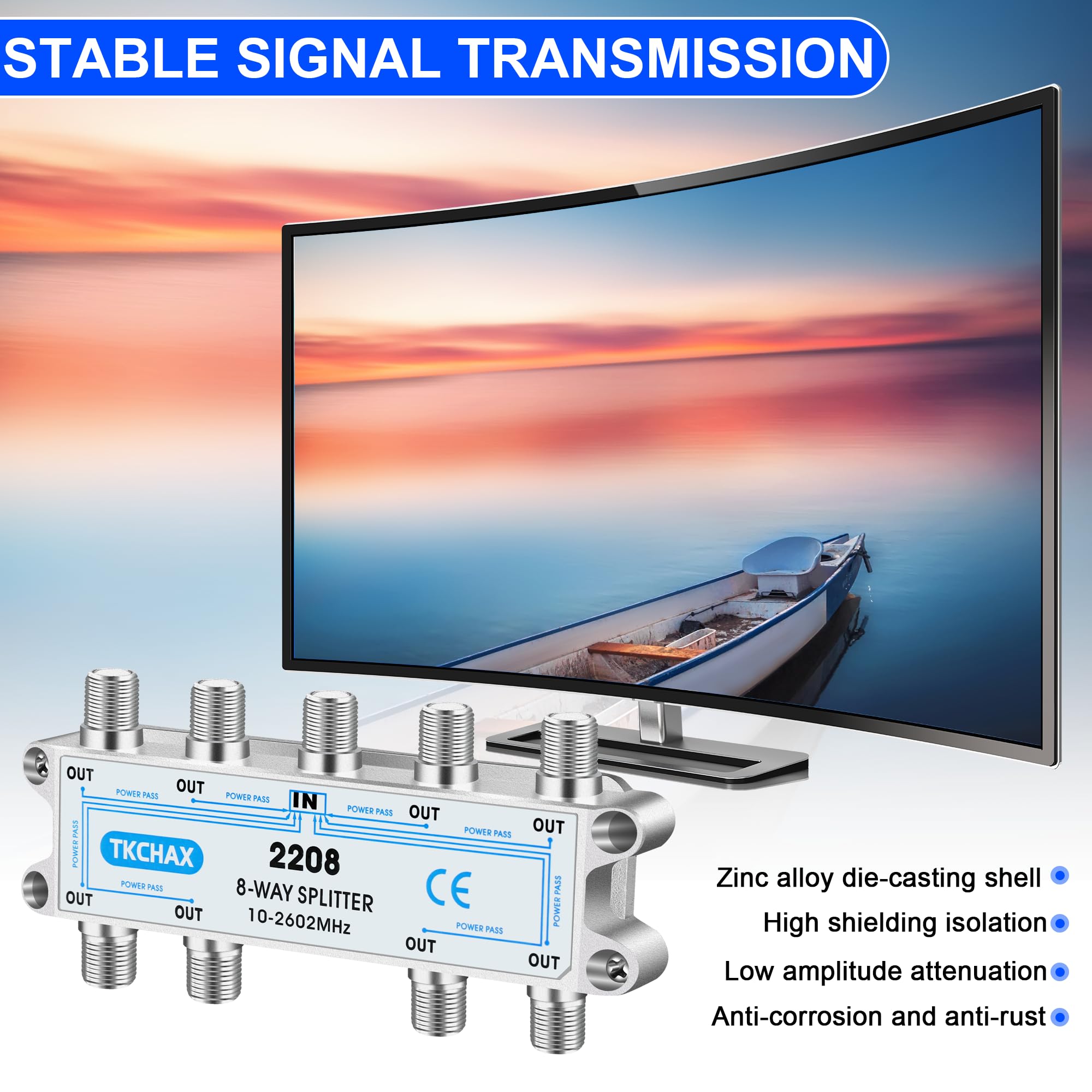 8-drożny rozdzielacz kabli koncentrycznych, obsługuje 10-2602 MHz, kompatybilny z RG6, niklowany do rozdzielacza kabli, współpracuje z CATV, telewizją satelitarną, systemem antenowym i