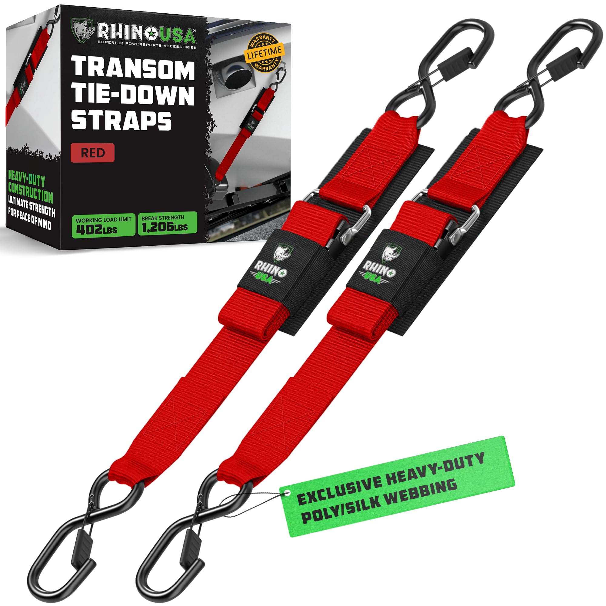 Rhino USA Boat Transom Straps (2-Pack) - Trailer Tie Downs for Boats