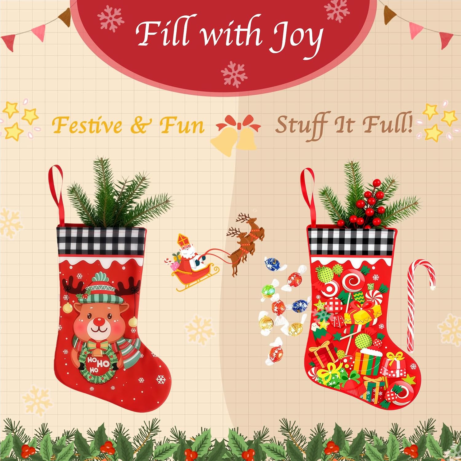 Christmas Stockings 3 Pack, 15'' Xmas Stockings with Flannel Christmas Stockings for Stairs Fireplace Hanging Xmas Home Decor(Santa/Reindeer/Christmas Elf)
