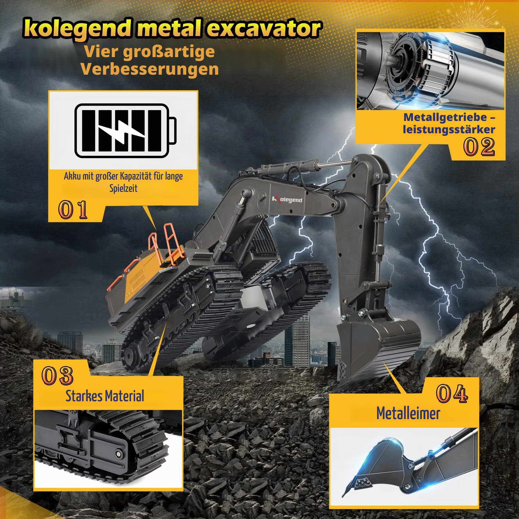 kolegend 1:14 Ferngesteuerter Bagger, Metall RC Excavator 22-Kanal Baggers Ferngesteuert, mit 1 Wiederaufladbaren Batterien Geliefert, mit Lichtern und Soundeffekten für Jungen und Mädchen