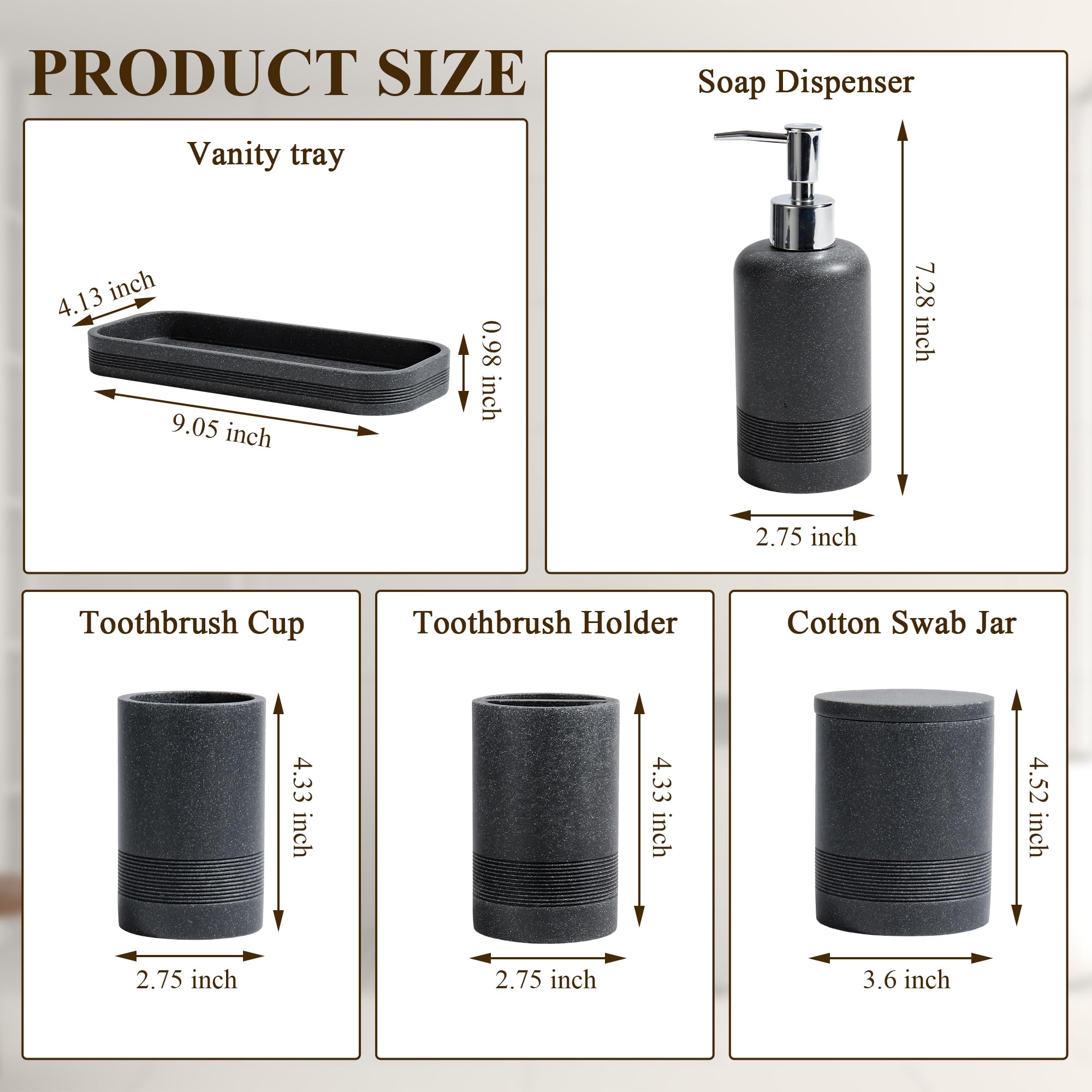 YMXYJM Juego de accesorios de baño, juego de baño de 6 piezas con soportes para cepillos de dientes, dispensador de jabón, bandeja de tocador, vaso, tarros de hisopo de algodón, organizador de baño