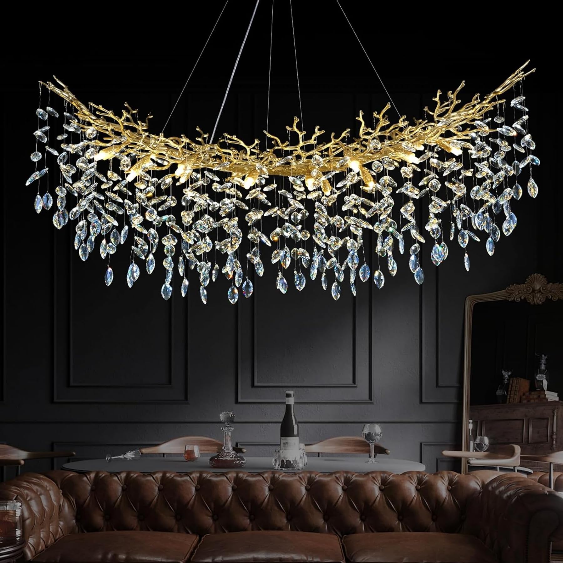 HJCKJSMEOU 32 inch Crystal Chandelier for Dining Room, Round Gold Tree Branches Chandeliers, Top K9 Modern Kitchen,Foyer Entryway,Luxury Adjustable Hanging Chandeliers