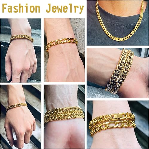 Miniatura 6 de Collar de pulsera Figaro de eslabones cubanos de 3 piezas, plata dorada y negra, resistente acero inoxidable 316L, cadena Figaro de eslabones