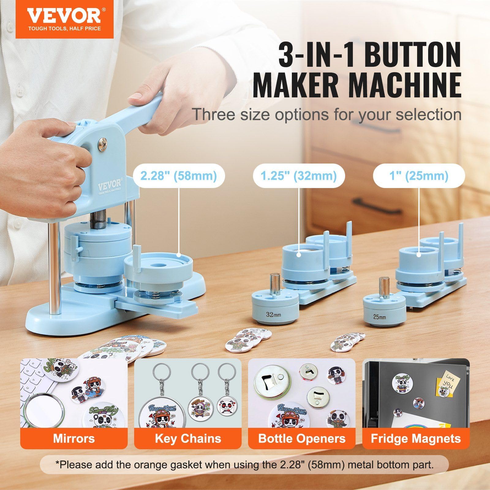 3-IN-1 Button Maker, 1/1.25/2.28 inch(25/32/58mm) Pin Maker, 300pcs Button Parts, Button Maker Machine with Panda Magic Book, Ergonomic Arc Handle Punch Press Kit, For Children DIY Gifts, Blue