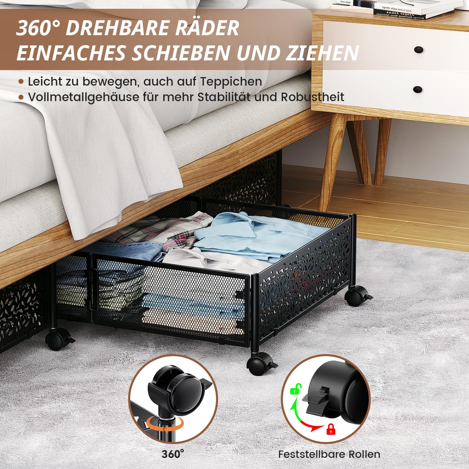 Unterbett-Aufbewahrungsbehälter mit Rollen, Unterbett-Organizer, Schublade, werkzeuglose Montage, Metall-Unterbett-Aufbewahrungsbehälter für Schlafzimmer, Kleidung, Schuhe, Decken, 2 Stück