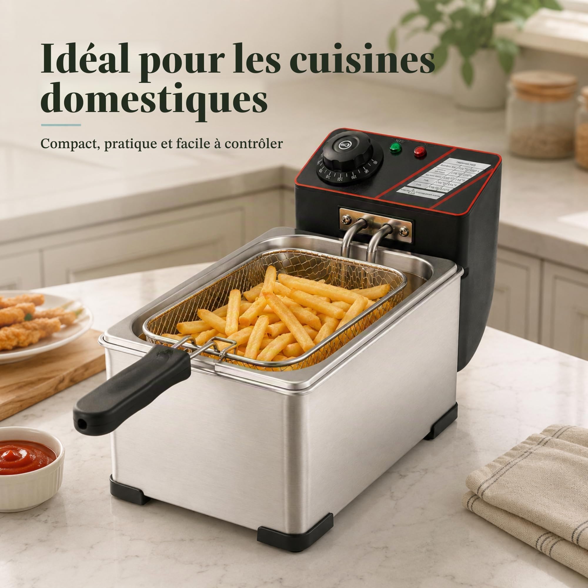 Friteuse Professionnelle en Acier Inoxydable, Capacité 3L | Compacte, Panier Amovible, Température Réglable, Pour Maison, Cuisine, Bar et Snack