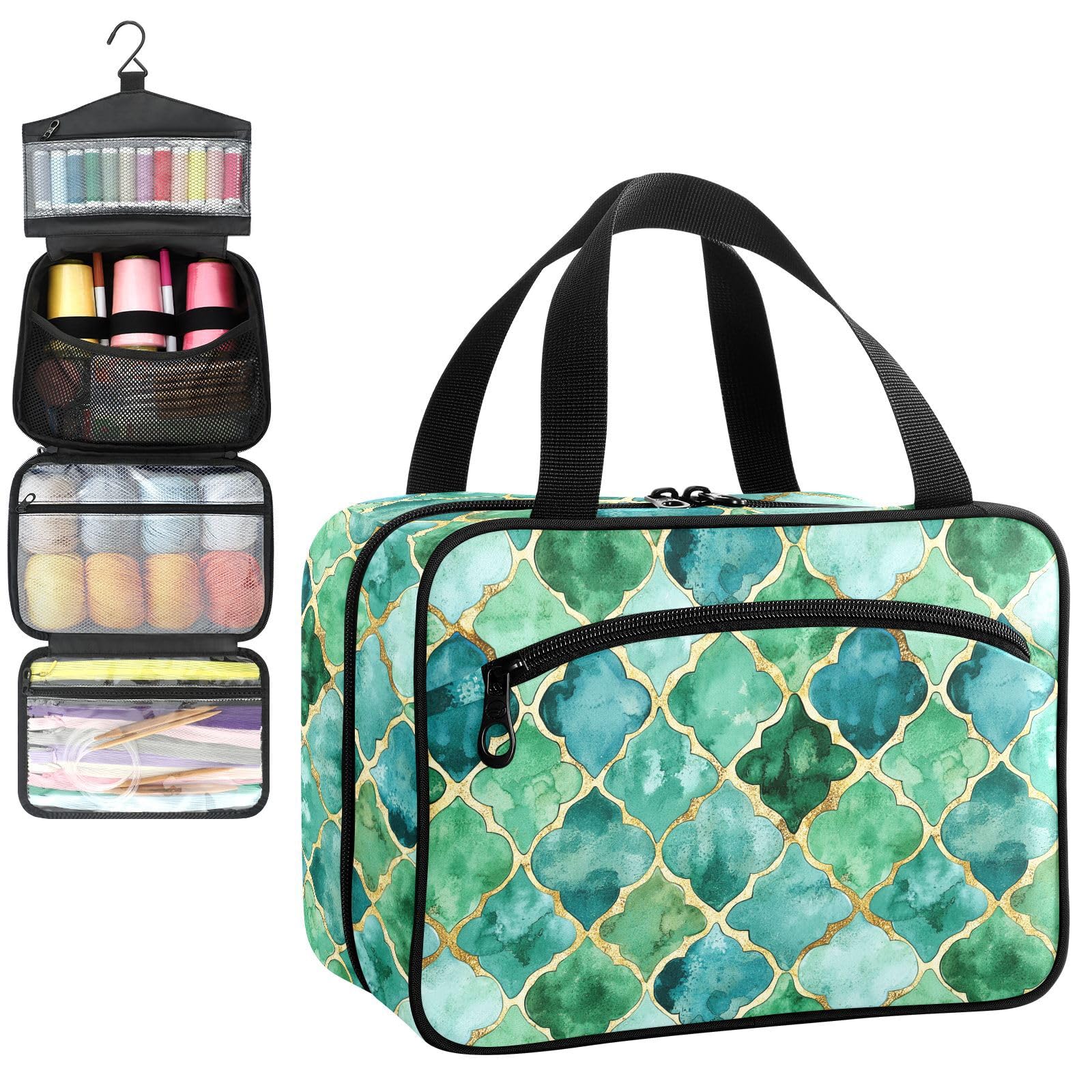 YNNALE Sewing Supply Organizer Bag, Teal Green and Gold Moroccan Tile Portable Sewing Bags with Pockets&Hanger, Sewing Storage Box Case for Sew Supplies/Kit/Tools/Accessories (BAG ONLY)