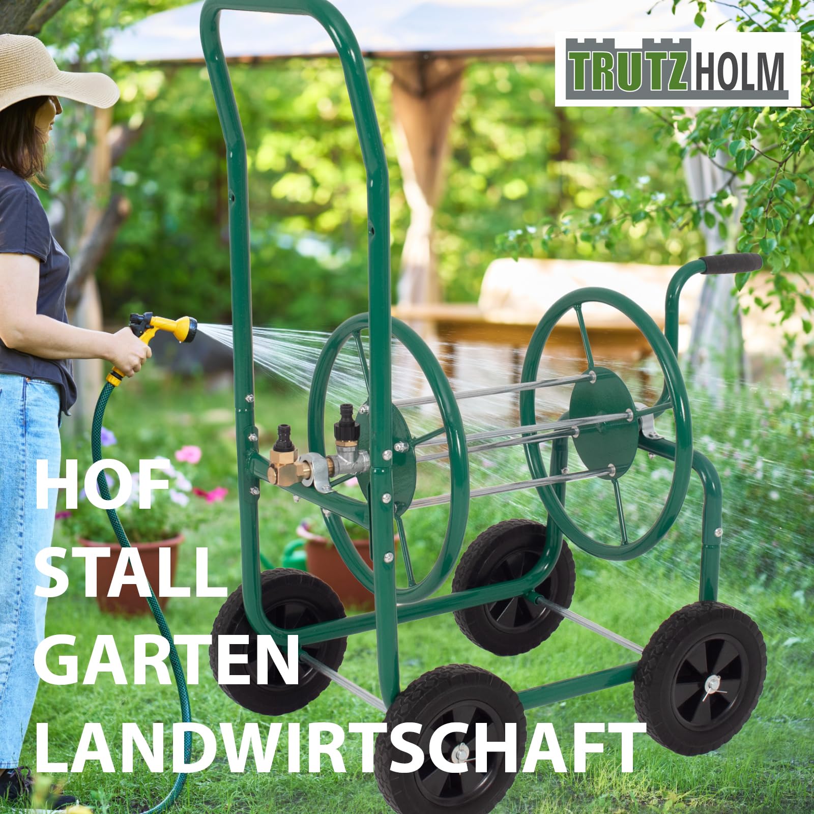 TRUTZHOLM Schlauchwagen Basic 4 Räder 95,5 x 58 cm Stahl, für 50 m Gartenschlauch 3/4" Anschluß grün