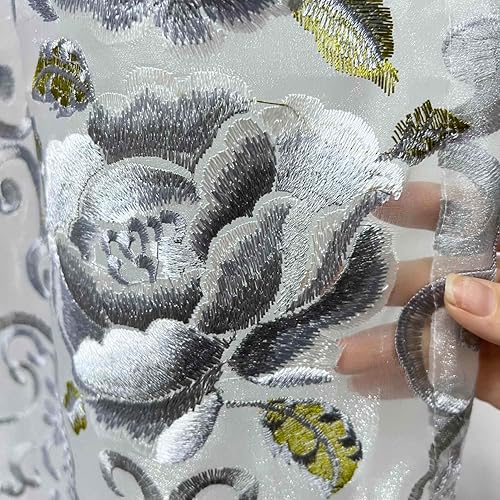 Miniatura 6 de Cortina romántica para ventana, con bolsillo para barra, moderna con bordado de flores grises, cortina europea para comedor, gasa de lujo para sala