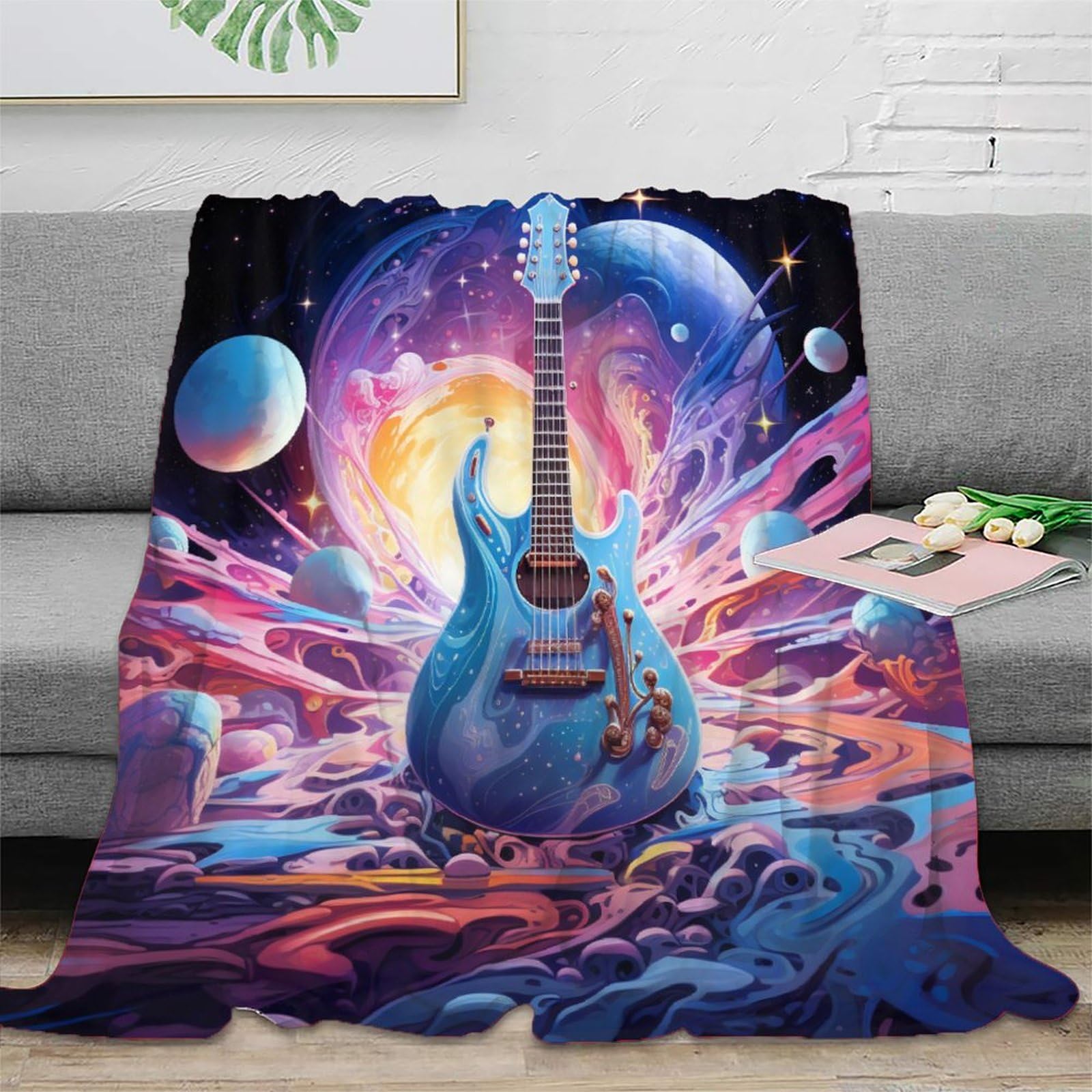 Koc 3D na gitarę, dla dzieci, dorosłych, miękki, flanelowy, do pokoju dziecięcego, łóżeczka, przytulny, ciepły, puszysty, narzuta, prezent z nadrukiem, dla noworodka i malucha, 200 x 230 cm