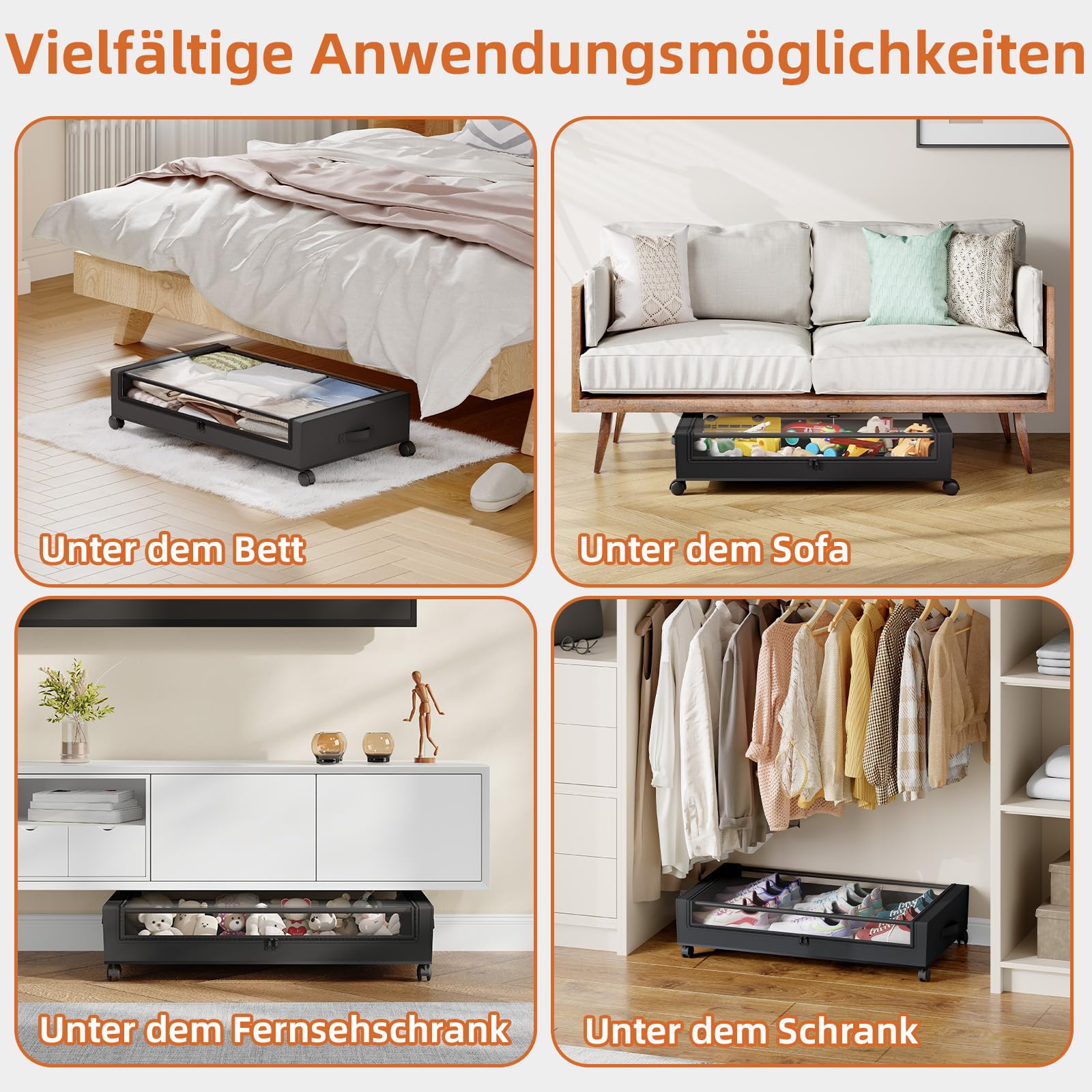Somdot Unterbett Aufbewahrungsbox mit Rollen, 48L, 4er-Set, Schwarz | Bettkasten, Unterbettkommode mit Rollen, Sichtfenster, Großer Stauraum für Schuhe, Kleidung, 43,5T x 78,5B x 17H