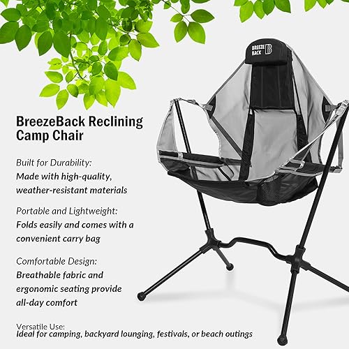 Miniatura 6 de Silla mecedora reclinable para campamento, silla plegable ligera para exteriores con movimiento mecedora suave, reclinable ajustable, reposacabezas