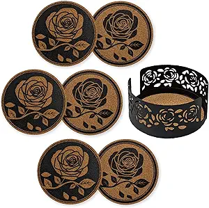 Mango Steam Set of Six Rose Decorative Coasters for Drinks & Mugs with Metal Holder, Black