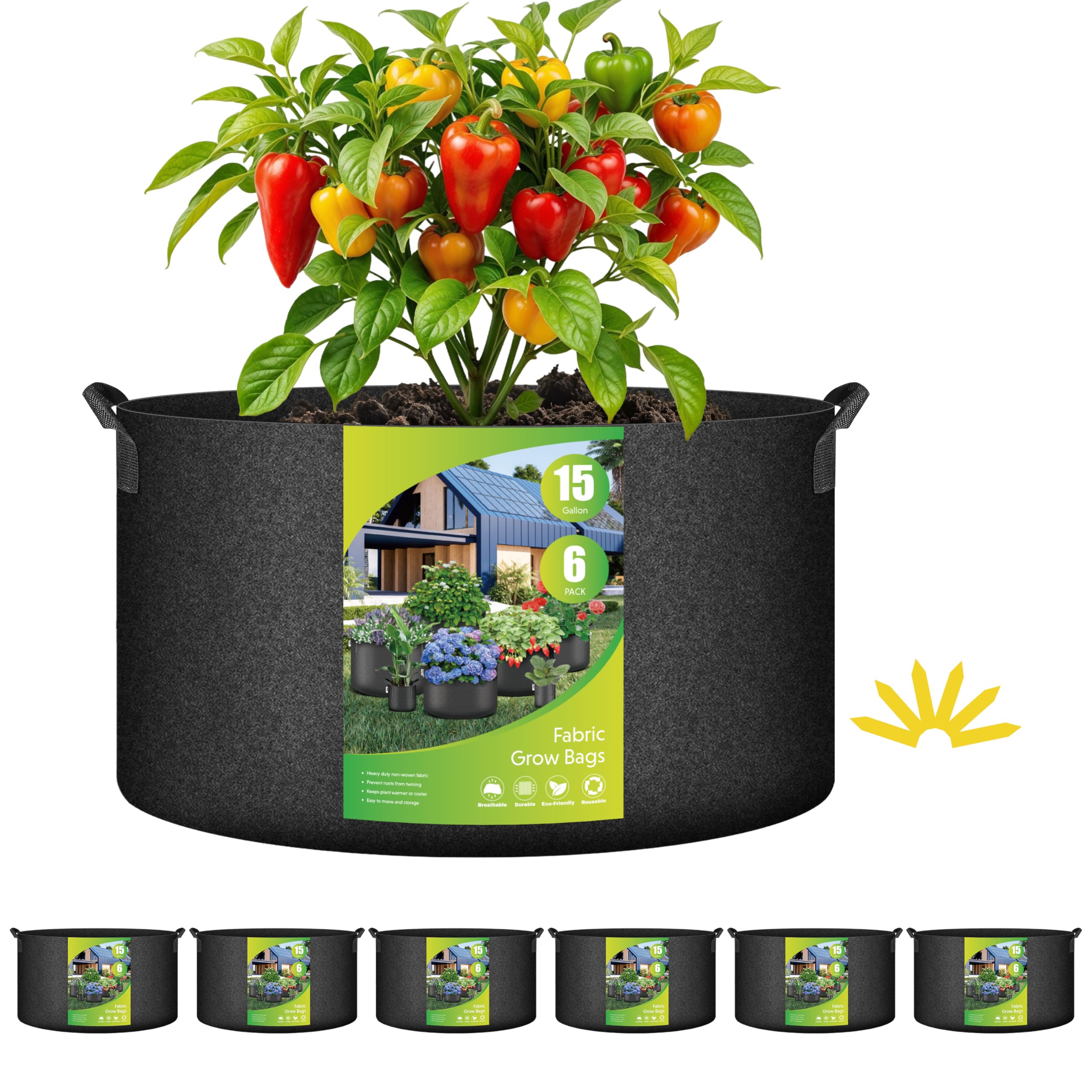 HealSmart 15 Gallon 6 Pack Nonwoven Grow Bags