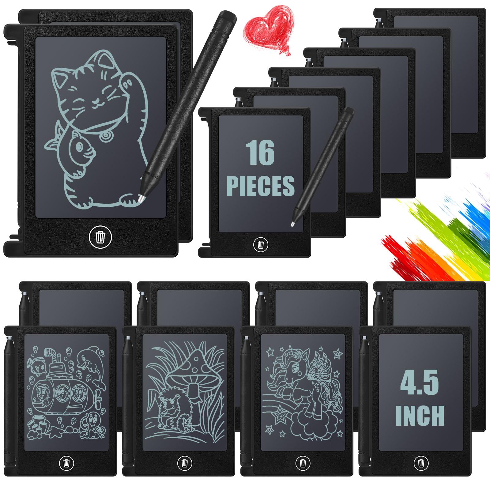 Nezyo 16 Pieces 4.5 Inch Mini LCD Writing Tablet for Kids Electronic Doodle Board Colorful Drawing Tablet Bulk Erasable Writing Pad Reusable Learning