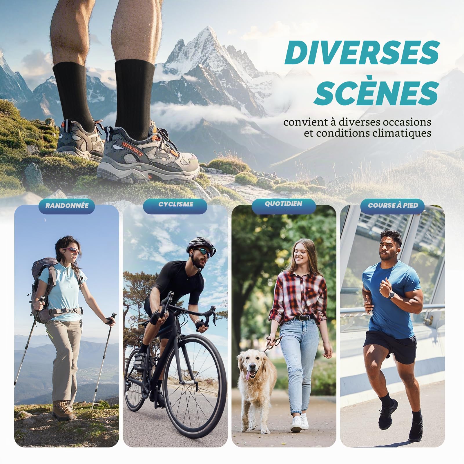 TANSTC Chaussettes Homme Femme 43-46 39-42 35-38 47-50 Chaussette Antidérapante Respirant de Randonnée en Laine Mérinos, Chaussettes Hautes Sports Trekking Course, 3 Paires