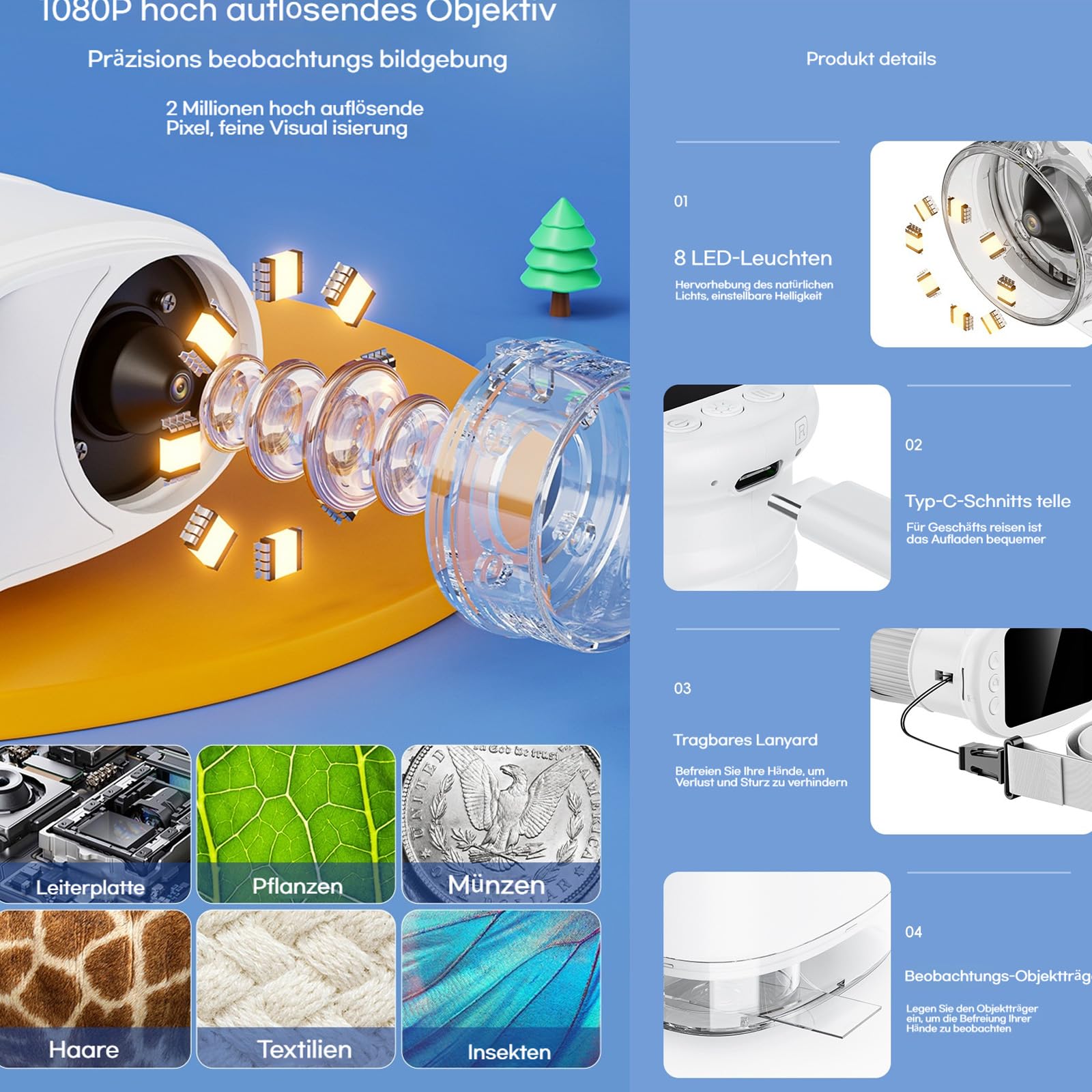 Microscopio de aventura para niños, 2025 mini microscopio digital infantil, 1000 x microscopio de bolsillo portátil, pantalla IPS de 2,0 pulgadas con LED, microscopio de mano exterior a partir de 3