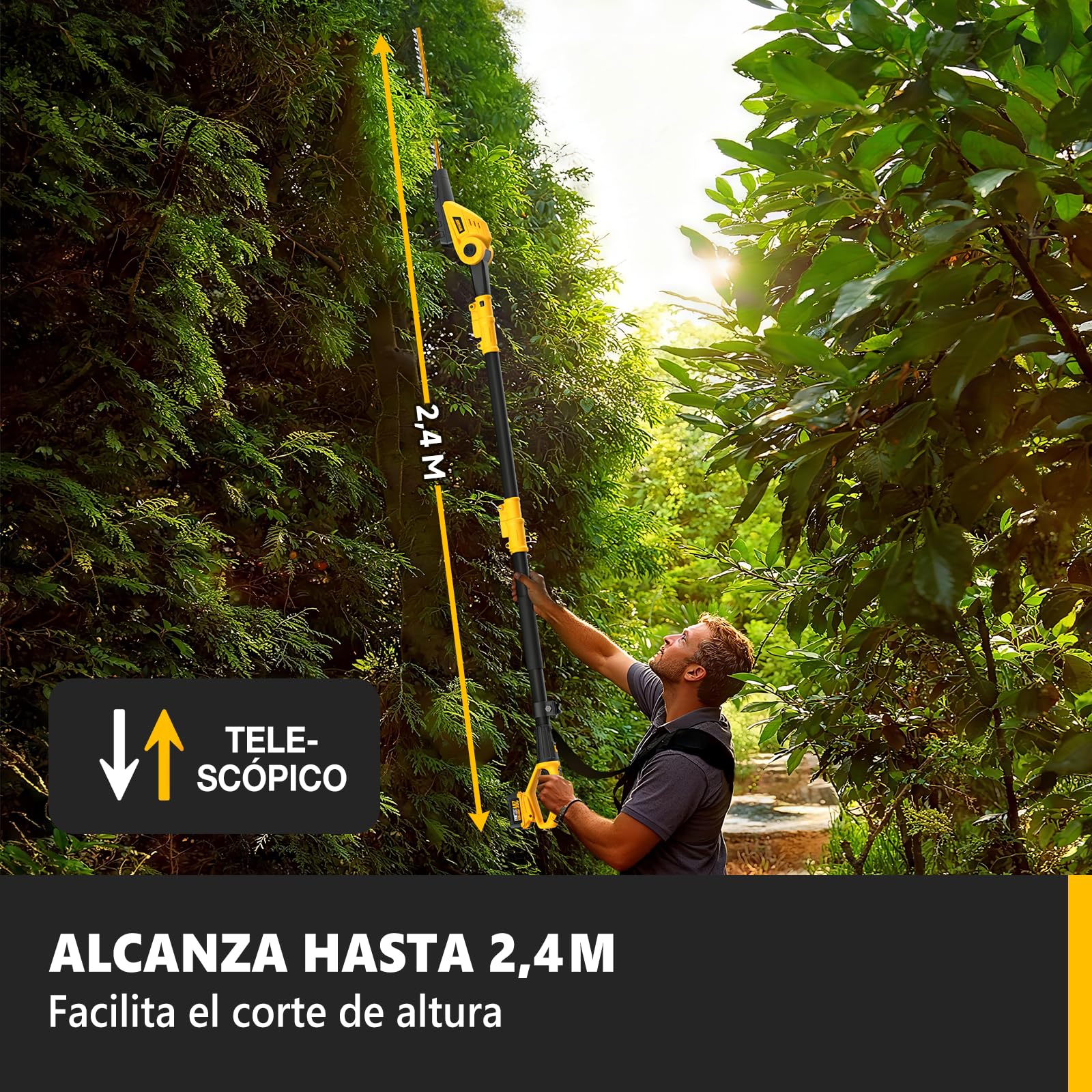 Alloyman 20V MAX Cortasetos y Motosierra Telescópica Inalámbricos 2 en 1, con 2 baterías de 4,0 Ah y Cargador, 2,4 m de Sierra y Cortasetos telescópicos para arbustos y setos