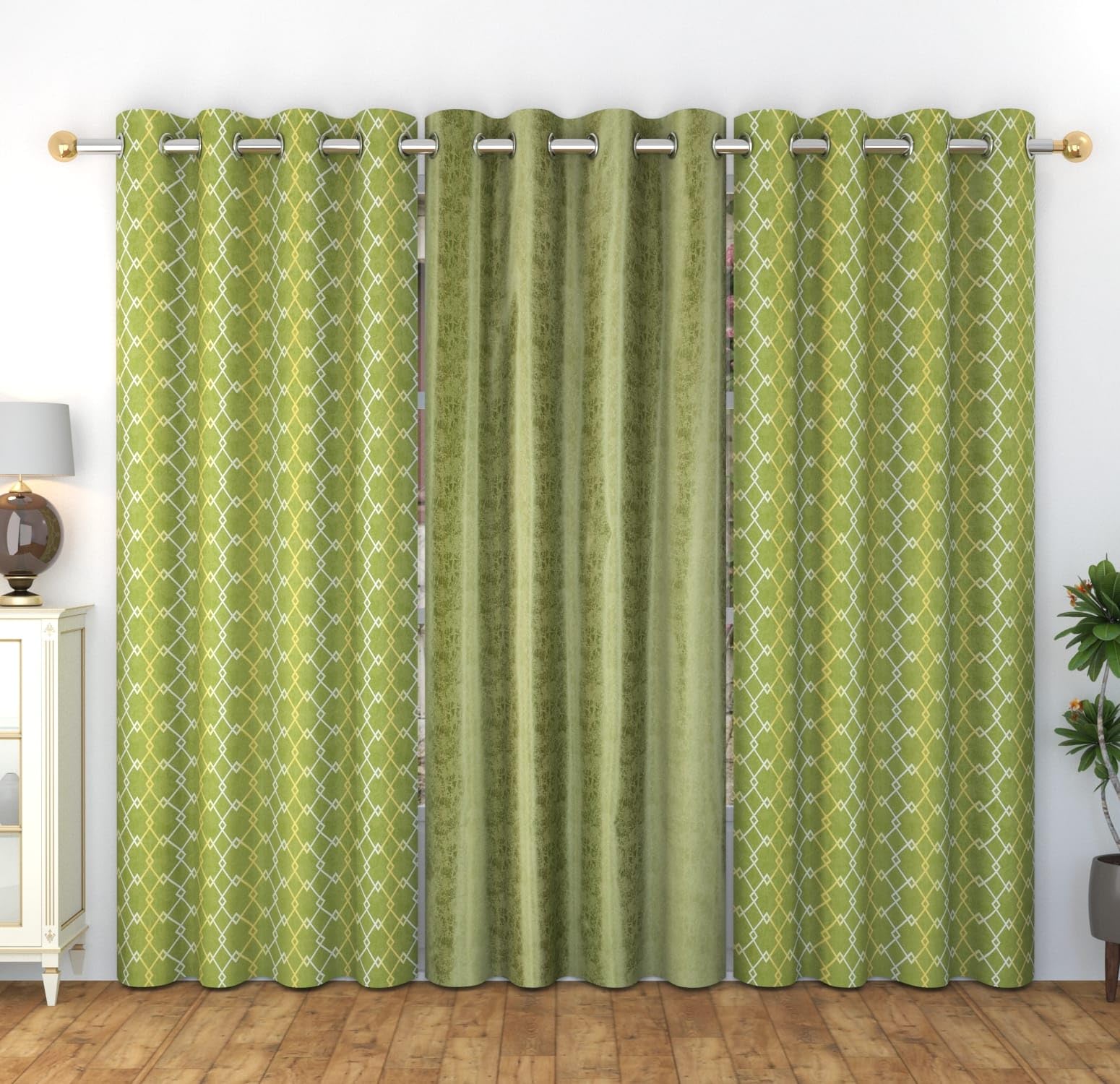 WO FLORA Home Decor Check Designer Window Curtains 5 feet Set of 3 for Drawing Room/Living Room/Hall Room Parde for Door, Green