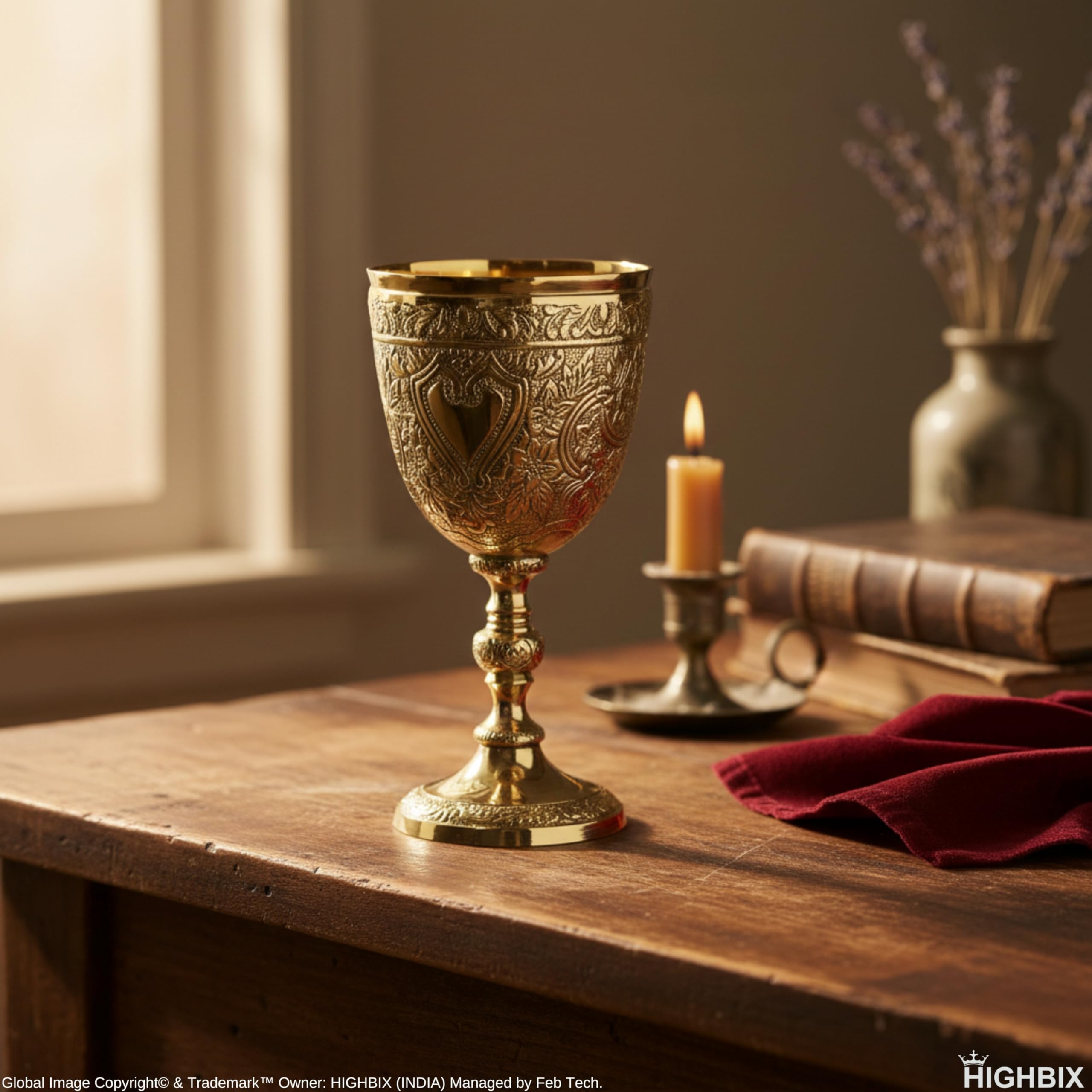 HIGHBIX Copa de vino real de latón macizo hecha a mano, copa de vino de alta calidad, decoración medieval, cáliz gótico, antigua y elegante copa de vino
