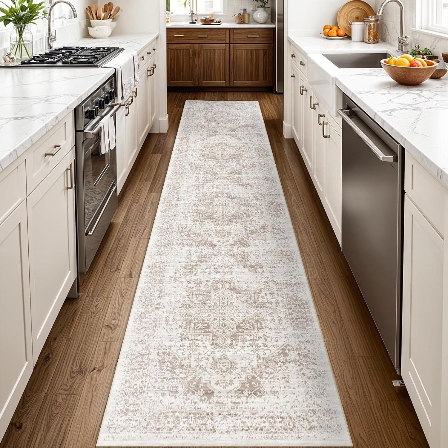 Washable 2'6''x12' Runner Rug - Non-Slip Vintage Runner Rug for Entryway Low-Pile Medallion Long Rugs for Hallway Waterproof Traditional Runner Rugs Indoor Thin Rug for Kitchen (Cream/Beige)