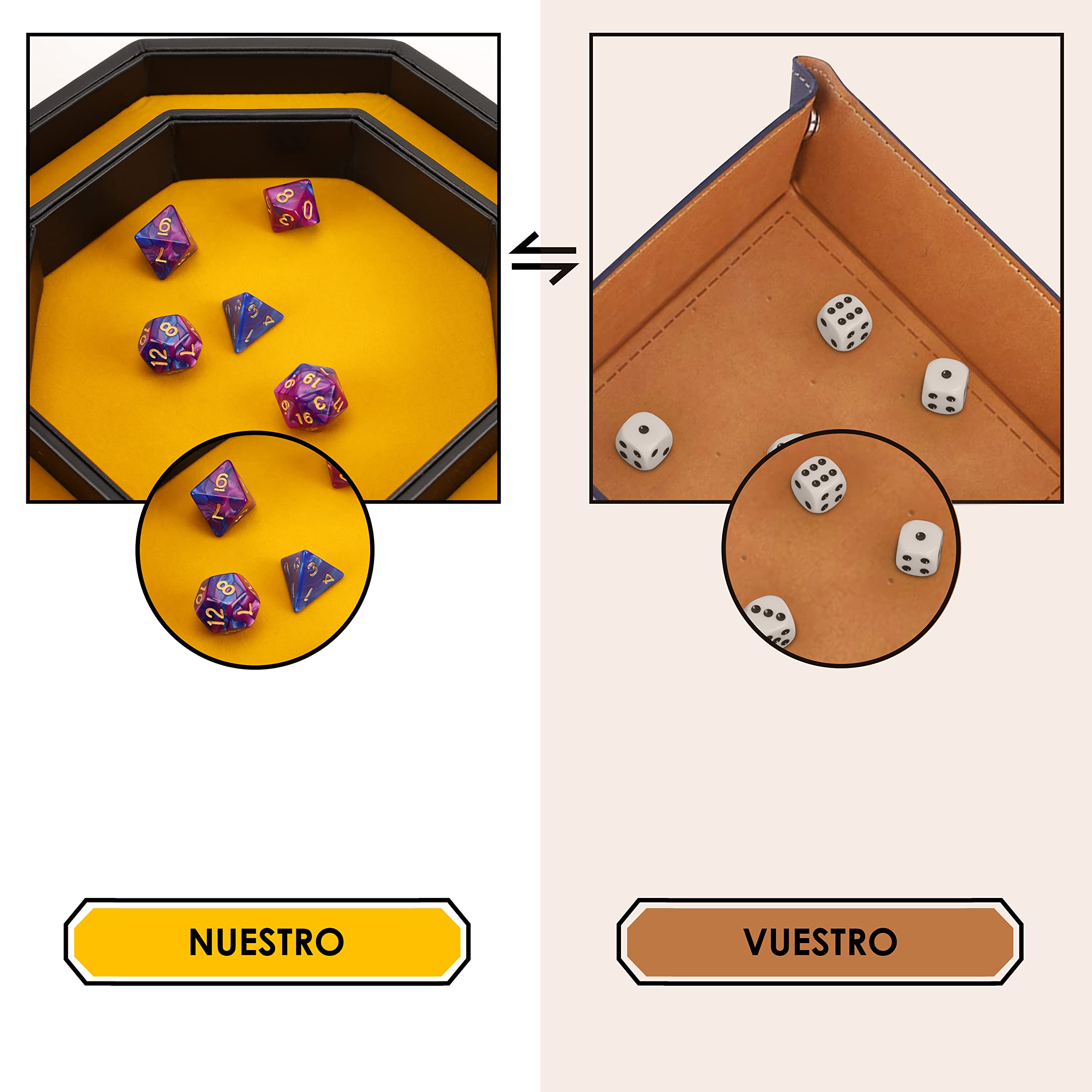 Belle Vous Bandeja Dados Cuero Ecológico Negro Octágono con Terciopelo Amarillo - Tapete Dados con Tapa - para Juegos de rol, DND/D&D - Bandeja Vaciabolsillos para Joyas