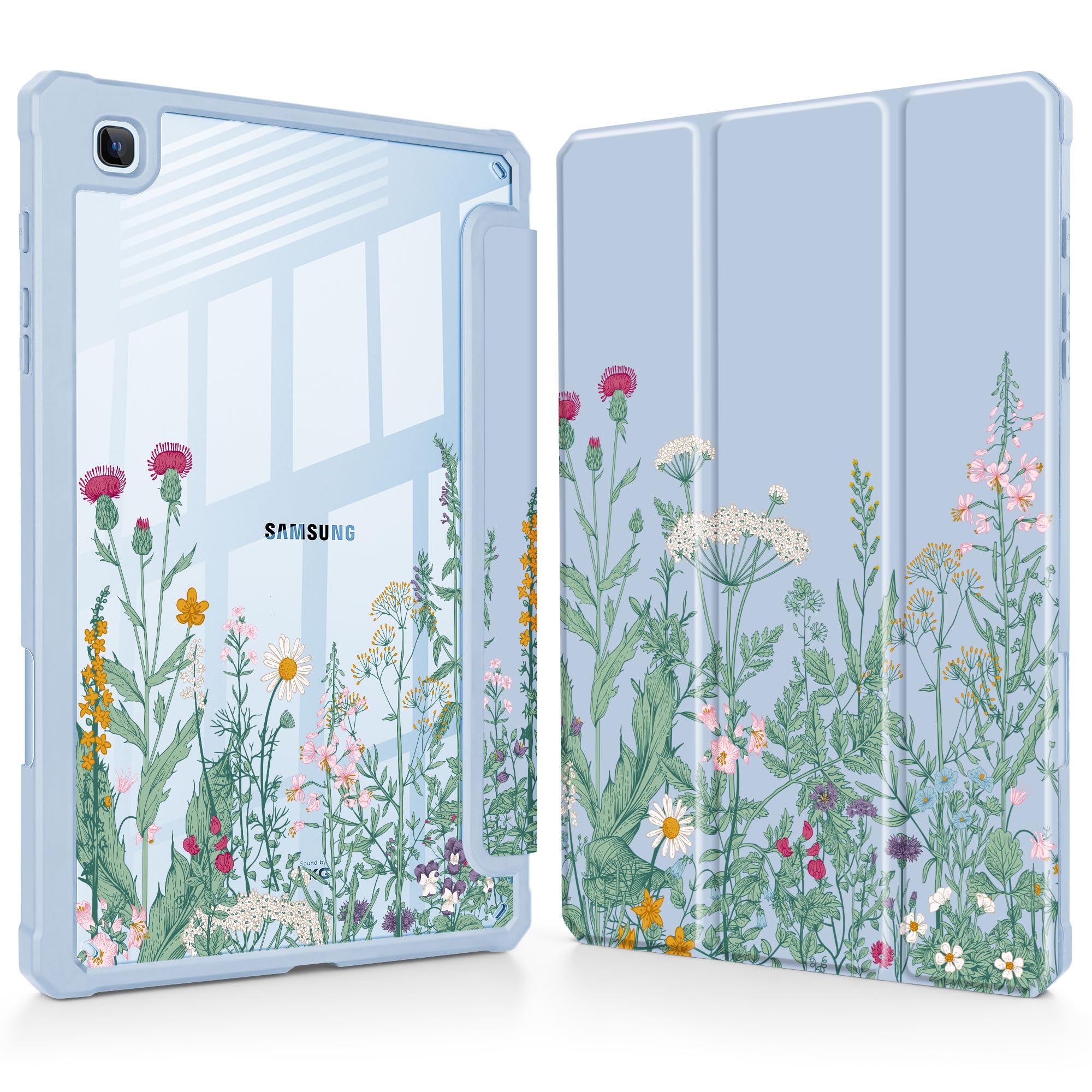 - May Chen for Samsung Galaxy Tab S6 Lite Case 10.4 Inch 2024/2022/2020 - Built-in Pencil Holder with Shockproof Cover Clear Transparent Back Shell Auto Wake/Sleep, Herbs Flowers