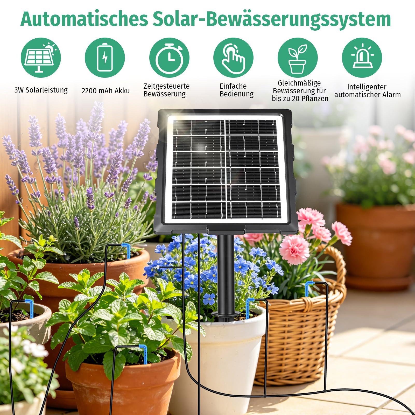 Sistema de riego solar, 2026, sistema de riego automático para 20 plantas en maceta con 24 modos de temporizador, manguera de 20 m, para jardín, balcón, plantas, macetas al aire libre