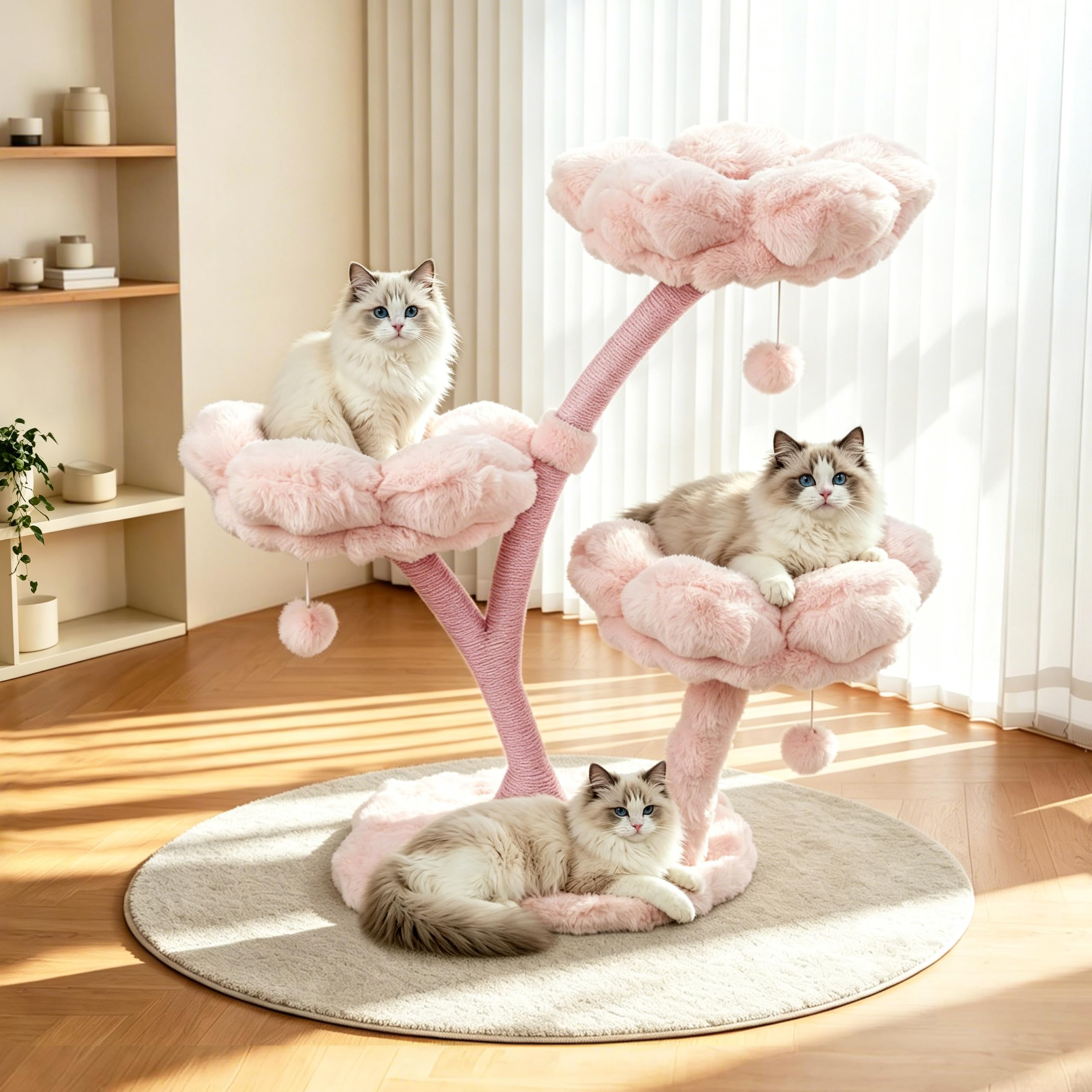 BingoPaw Designer Kratzbaum Rosa Blumen 105cm, Katzenbaum mit 3 Plattformen