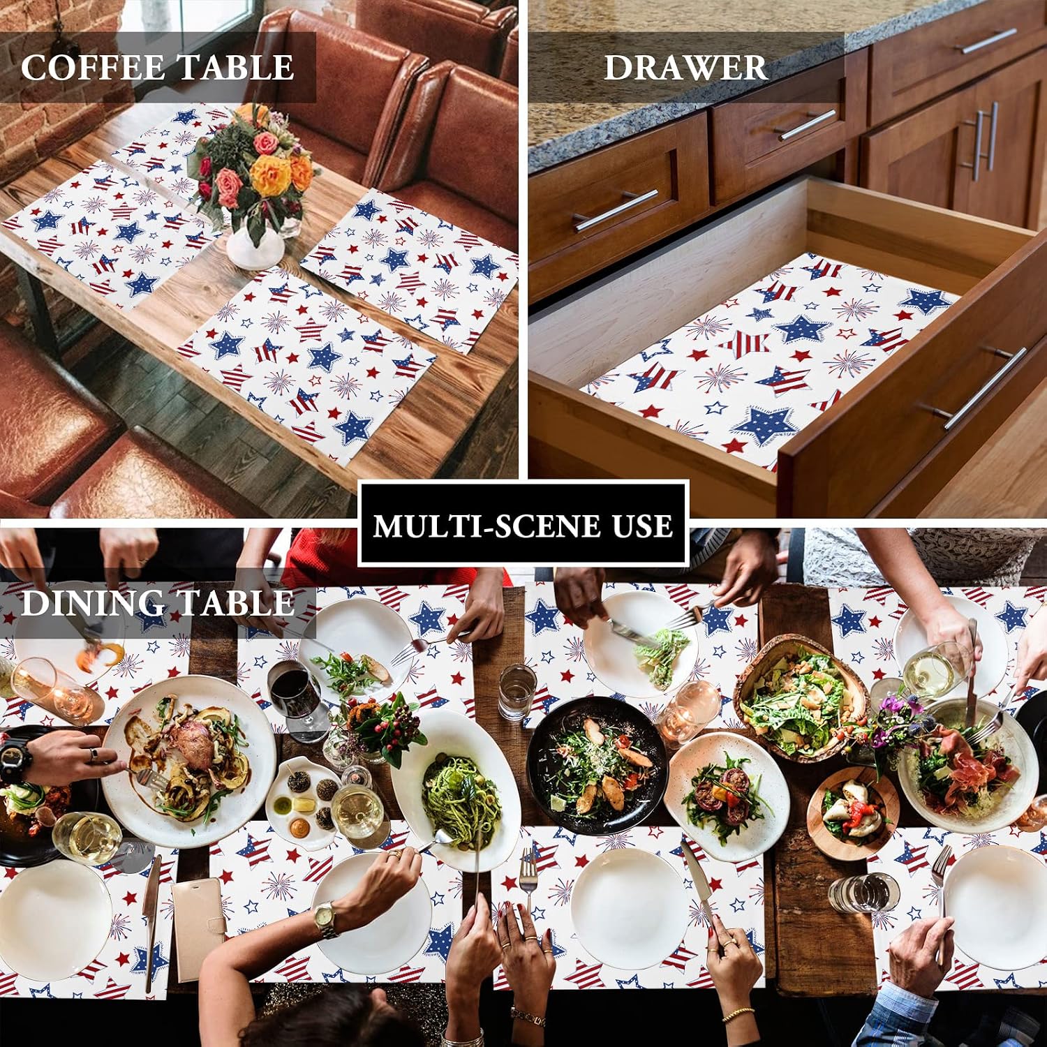 July 4th Placemats Set of 6 Patriotic Stars Placemats for Dining Table Decor Fireworks USA Flag Red White and Blue Tablemats for Independence Day Memorial Day Holiday Decor for Home Party Table