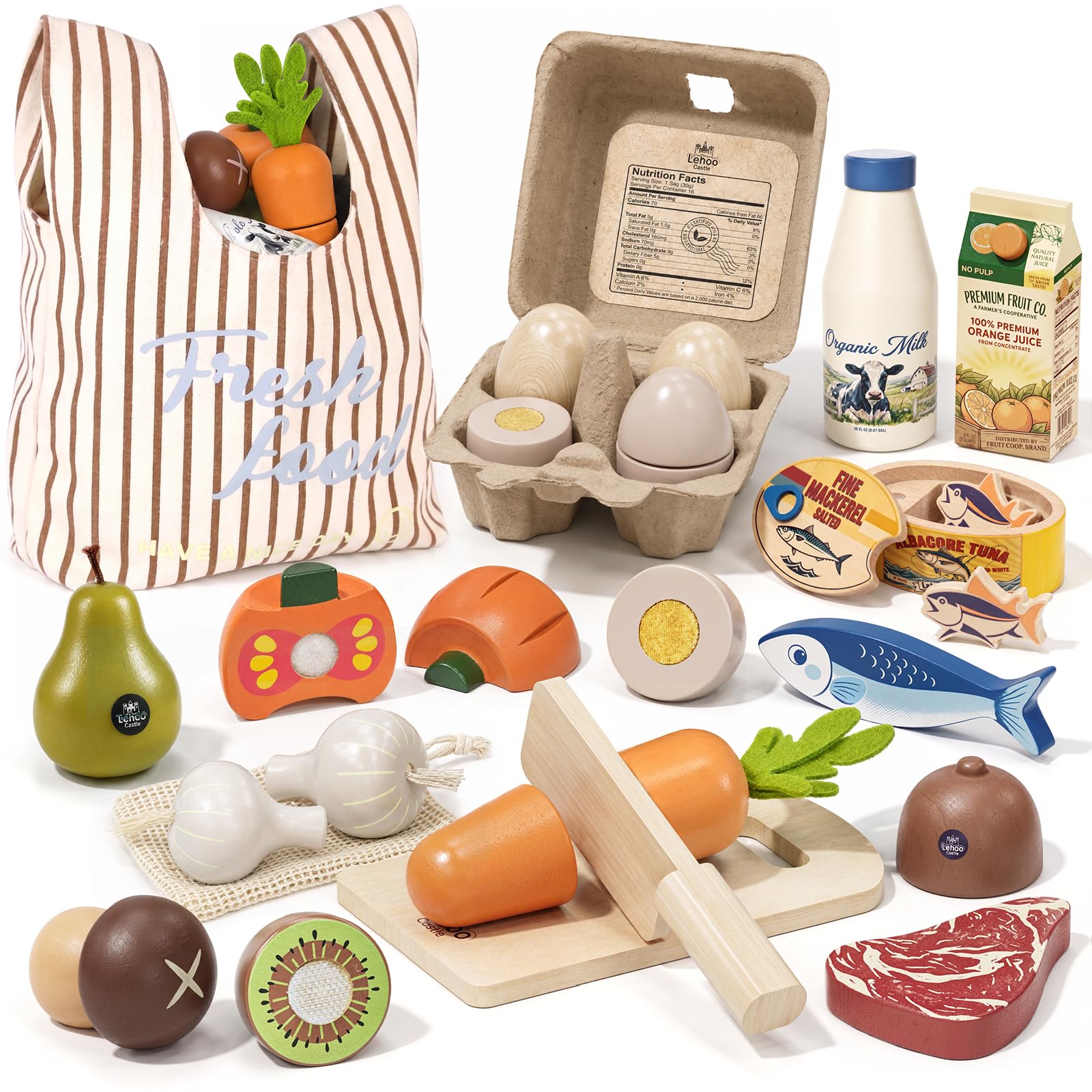 Lehoo Castle Pretend Play Kitchen Accessories, Wooden Play Food for Kid 3-8