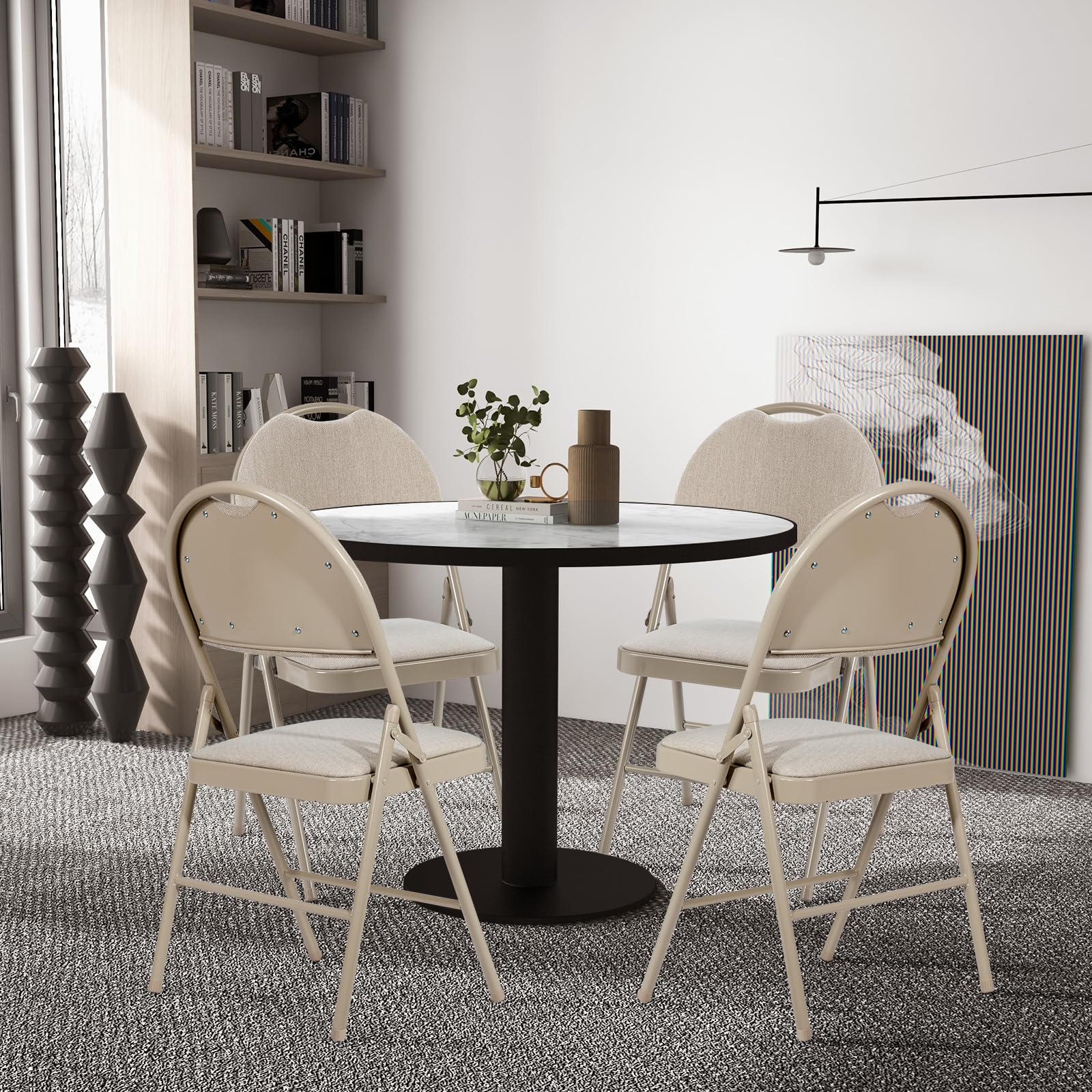 HOMASIS Set di 4 sedie pieghevoli, da cucina con schienale e manico, con struttura in metallo, pieghevole, portata fino a 120 kg, per sala da pranzo, soggiorno, ufficio (beige)