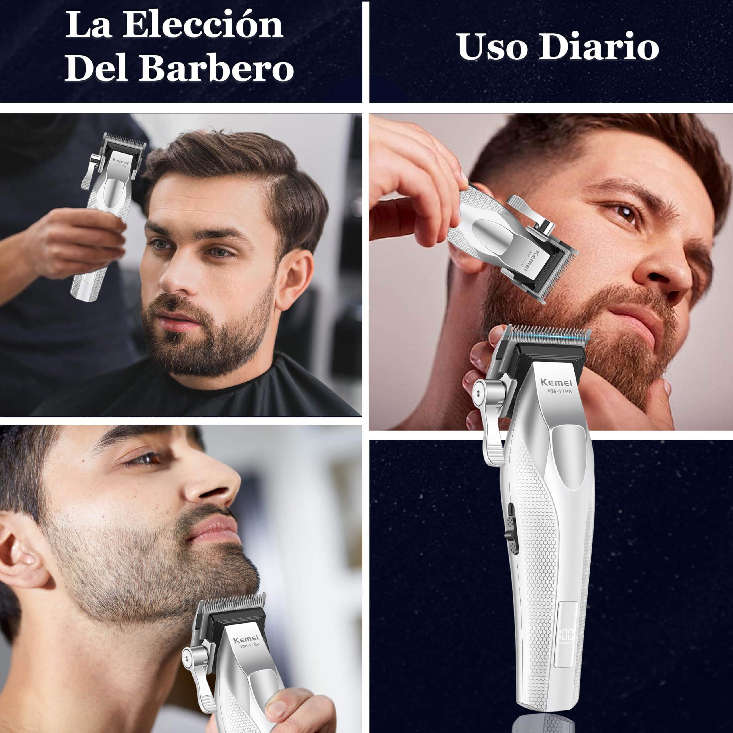 KEMEI Cortapelos profesional 1798 para hombre, cortapelos inalámbrico de 9100 RPM con cuerpo totalmente metálico, batería de 3000 mAh con pantalla LED, cuchillas de cerámica y DLC.