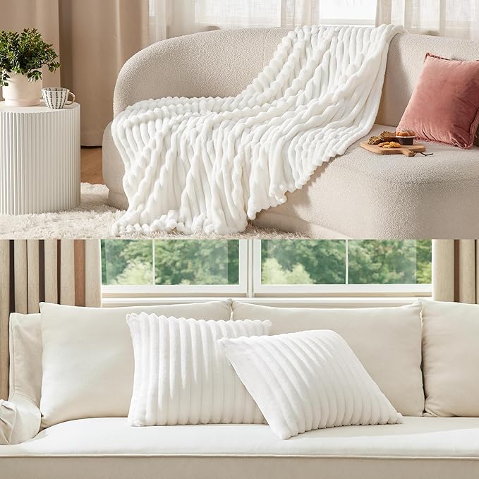 Bedsure Fleece Blanket & Throw Pillow Covers Off White