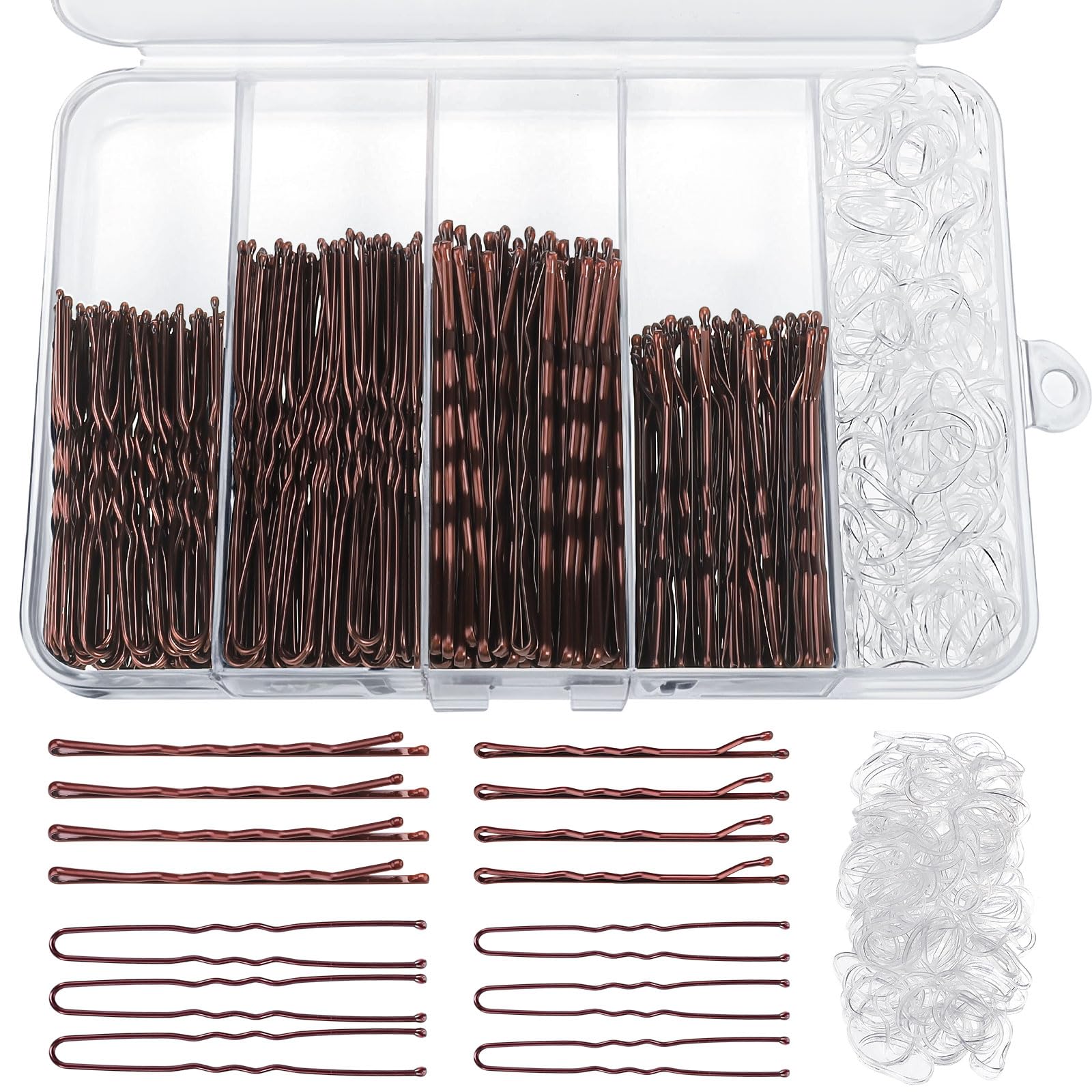 460Pcs Hair Pins Hair Rubbers Kit, 220Pcs 2 Size Bobby Pins and U Shaped Bun Pins for Women Girls with 240 Hair Rubbers and Storage Box Wedding
