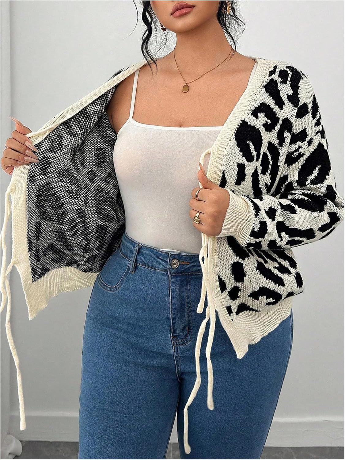 Verdusa Women's Plus Size Leopard Bow Tie Cardigan Sweaters Cozy Knit Outerwear Fall Outfits - Image 3