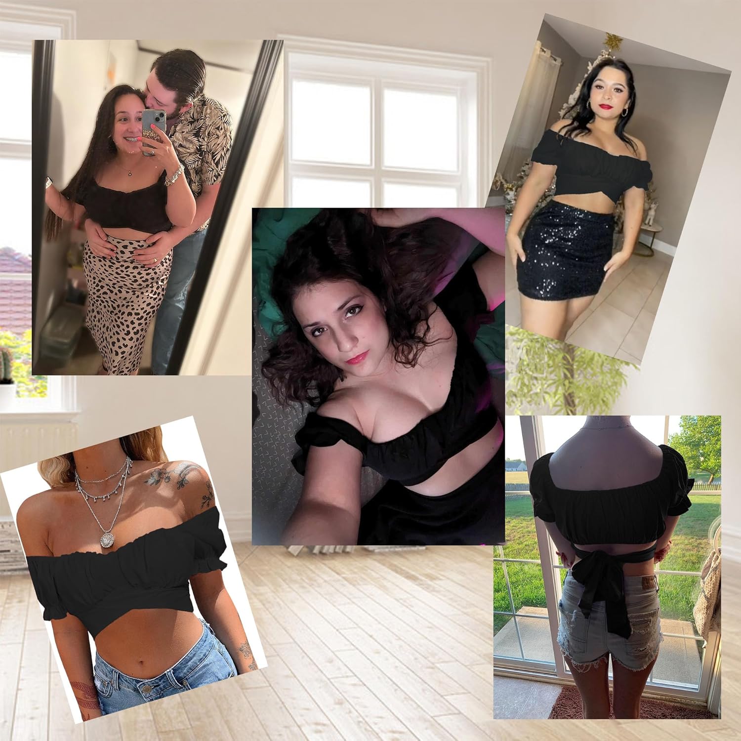 Women's Crop Tops Ruffle Short Sleeve Tie Back Summer Off Shoulder Top Blouse - Image 6