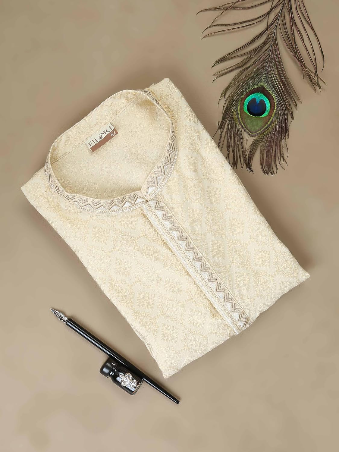 Filori Studio - Men's Cotton Viscose Self Woven Design Long Kurta with Embroidery (Kurta Only)