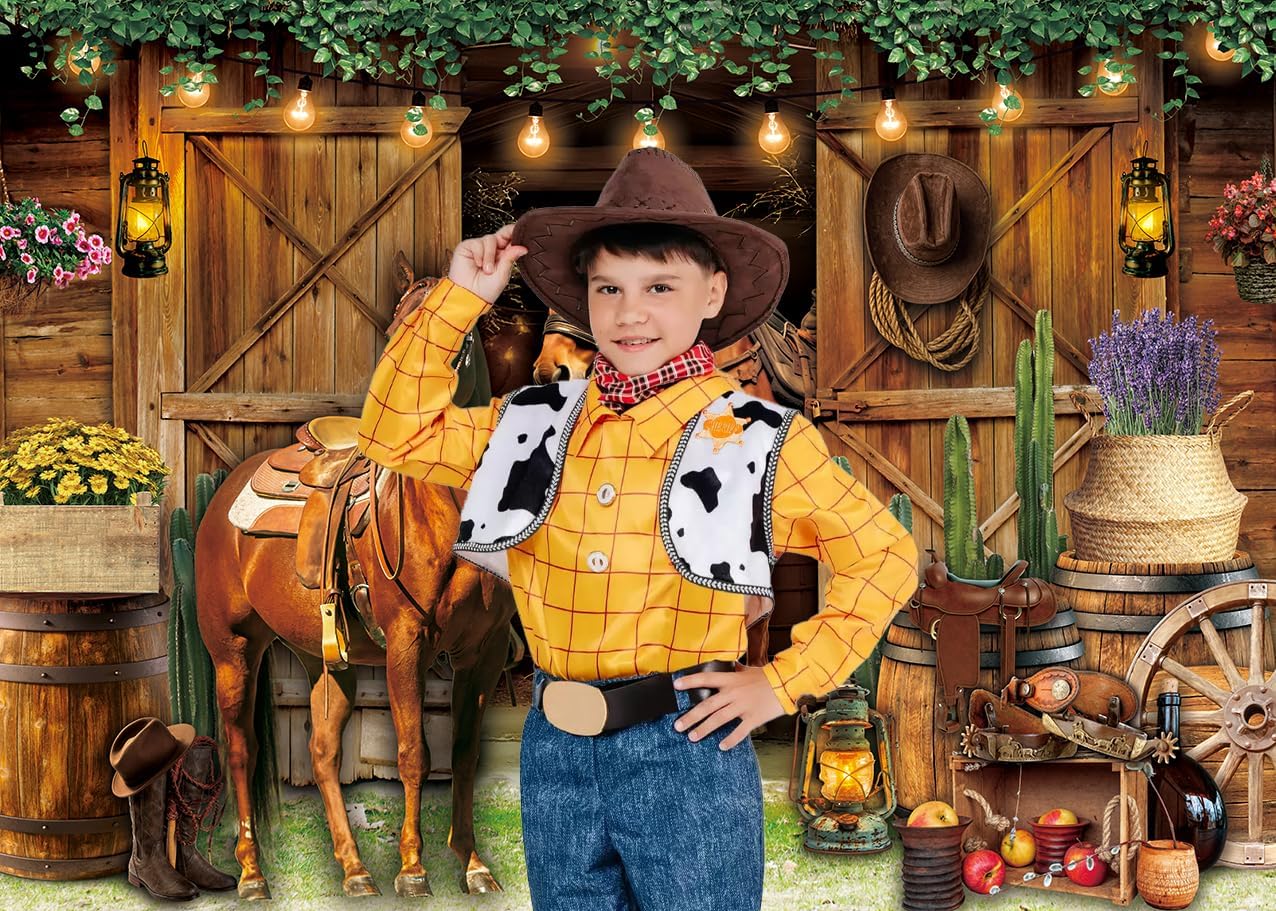 Western Cowboy Backdrop Wild West Retro Horse House Wooden Barn Door Photography Background Cowboy Theme Adults Kids Birthday Party Banner Decorations Supplies (7x5FT)