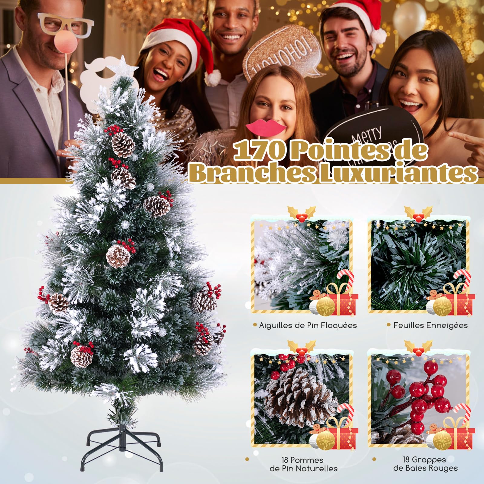 COSTWAY Sapin de Noël Floqué 150 cm, Sapin de Noël Artificiel Lumineux LED, 170 Pointes de Branches, 18 Grappes de Baies Rouges, 18 Pommes de Pin Naturelles, 49 Lumières LED, 8 Modes d'Eclairage