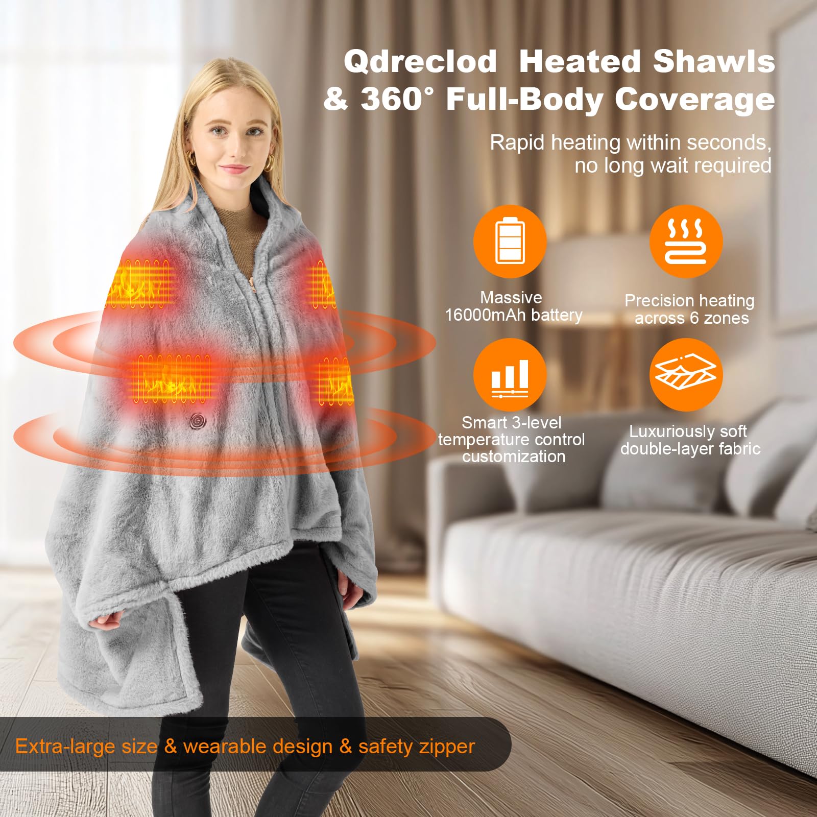 Heizdecke Kabellos 160x90cm mit Akku, Waschbar Flanell Heizdecke, USB Elektrische Wärmedecke für Sofa, Büro, Reisen, Camping (Grau)