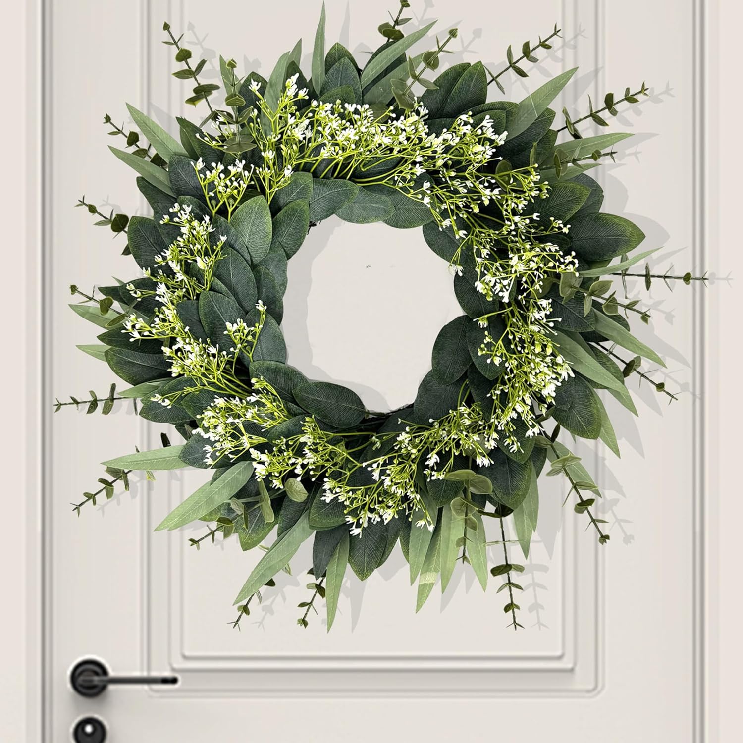 Wreath, Eucalyptus Wreath for Front Door, 19.69inch Spring Door Decor with White Flowers, Silk & Plastic Green White for Indoor Outdoor Holiday Decor