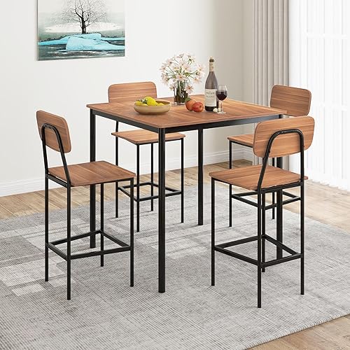 Miniatura 7 de Giantex Juego de mesa de comedor de 5 piezas con mesa de altura de mostrador y 4 taburetes de bar, juego de mesa de comedor de cocina industrial con
