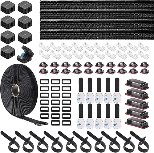 Kit de organización de cables de 98 piezas, 4 fundas para cables, 8 soportes magnéticos para cables, 10 organizadores de cables autoadhesivos, 45