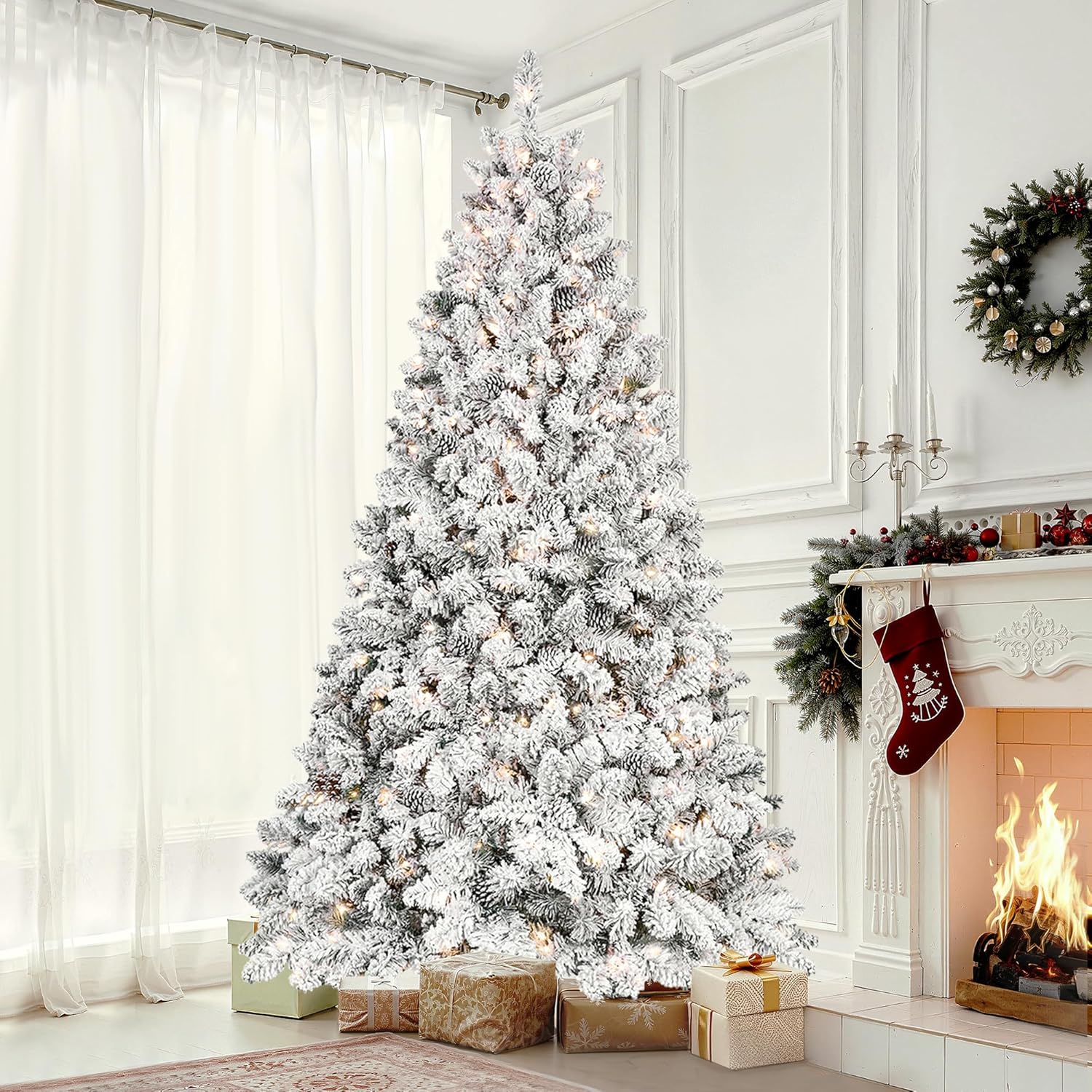 Casaphoria 9ft Snow Flocked Prelit Christmas Tree with 850 Warm White Lights, Artificial Christmas Tree with 2240 Lush Branch Tips & Easy Setup Hinged Structure for Winter Holiday Décor
