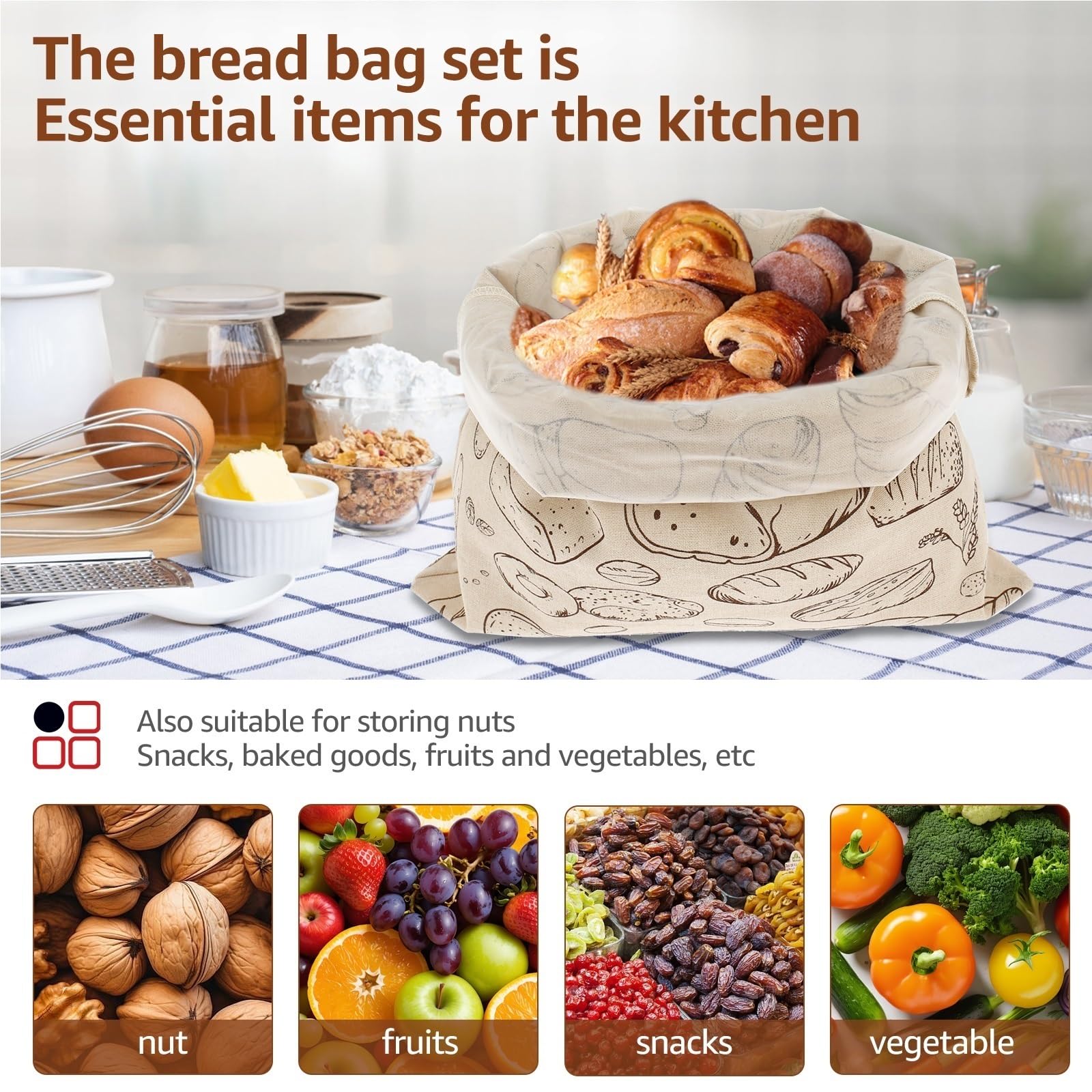 Bolsa para Pan Bolsa de Pan de Lino con Cubierta de Cuenco y cordón, Bolsa de Pan casera Reutilizable Lavable for Prueba de Pan, Frutos Secos, Aperitivos, 4 Uds.(Beige)