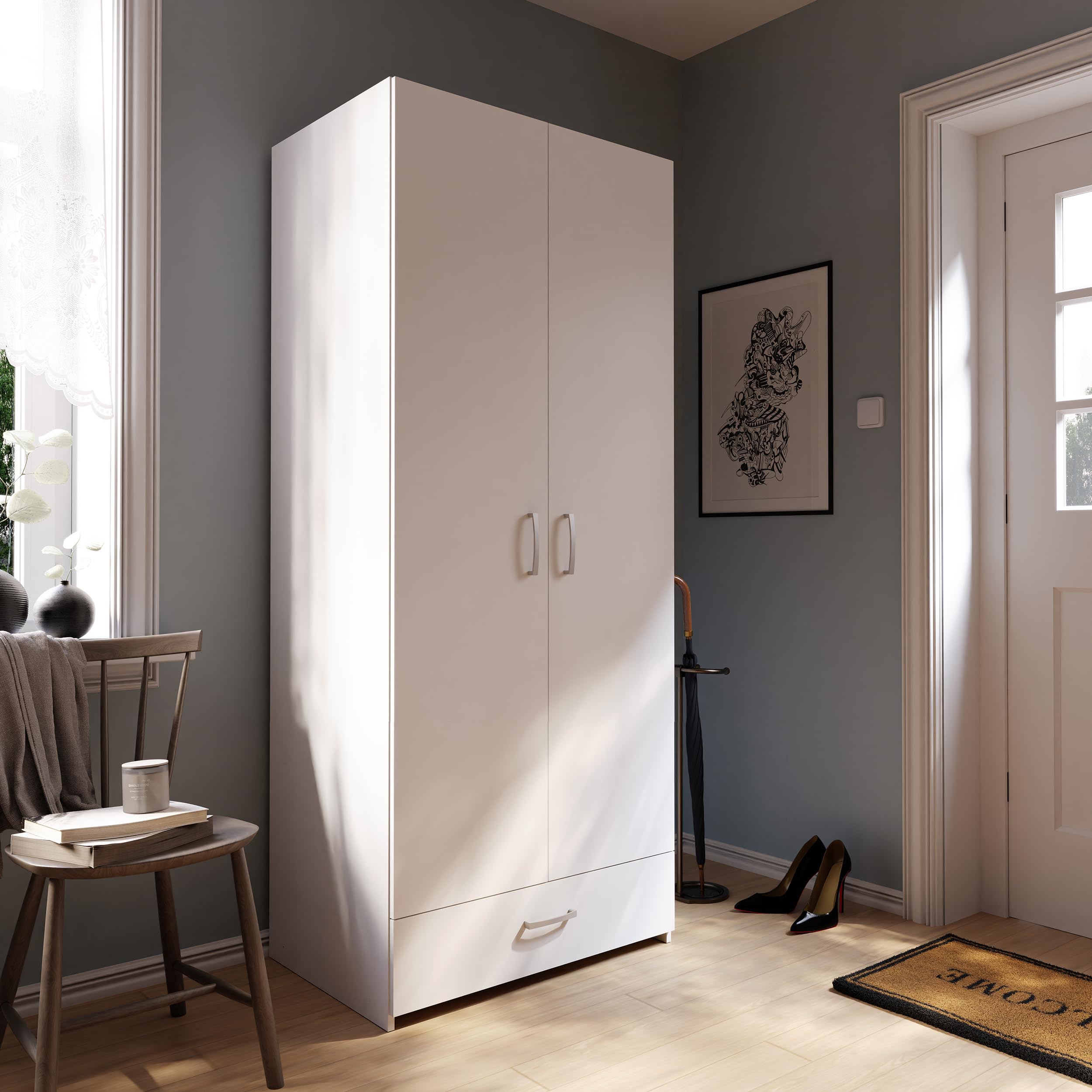 Forte ECONOBOX Kleiderschrank 80, klassischer Schrank mit 2 Türen und 1 Schublade, Holzwerkstoff, Weiß, 79,7 cm breit, 190,5 cm hoch, 54,4 cm tief